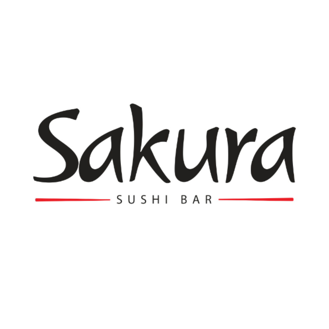 Logo of Sakura Sushi Bar with black stylized font, and red lines underneath the text