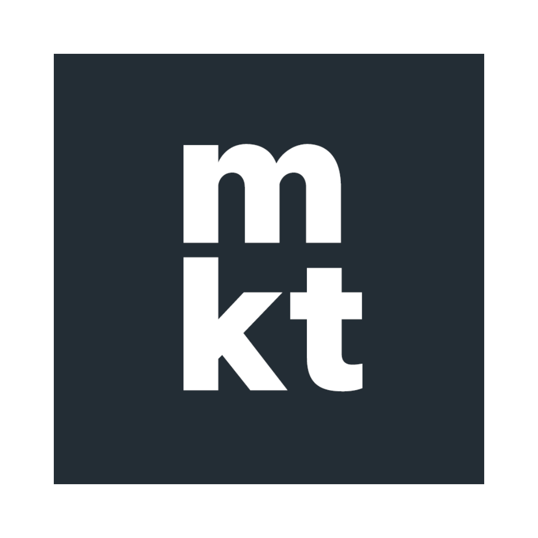 Logo with the letters "mkt" in white on a dark gray background