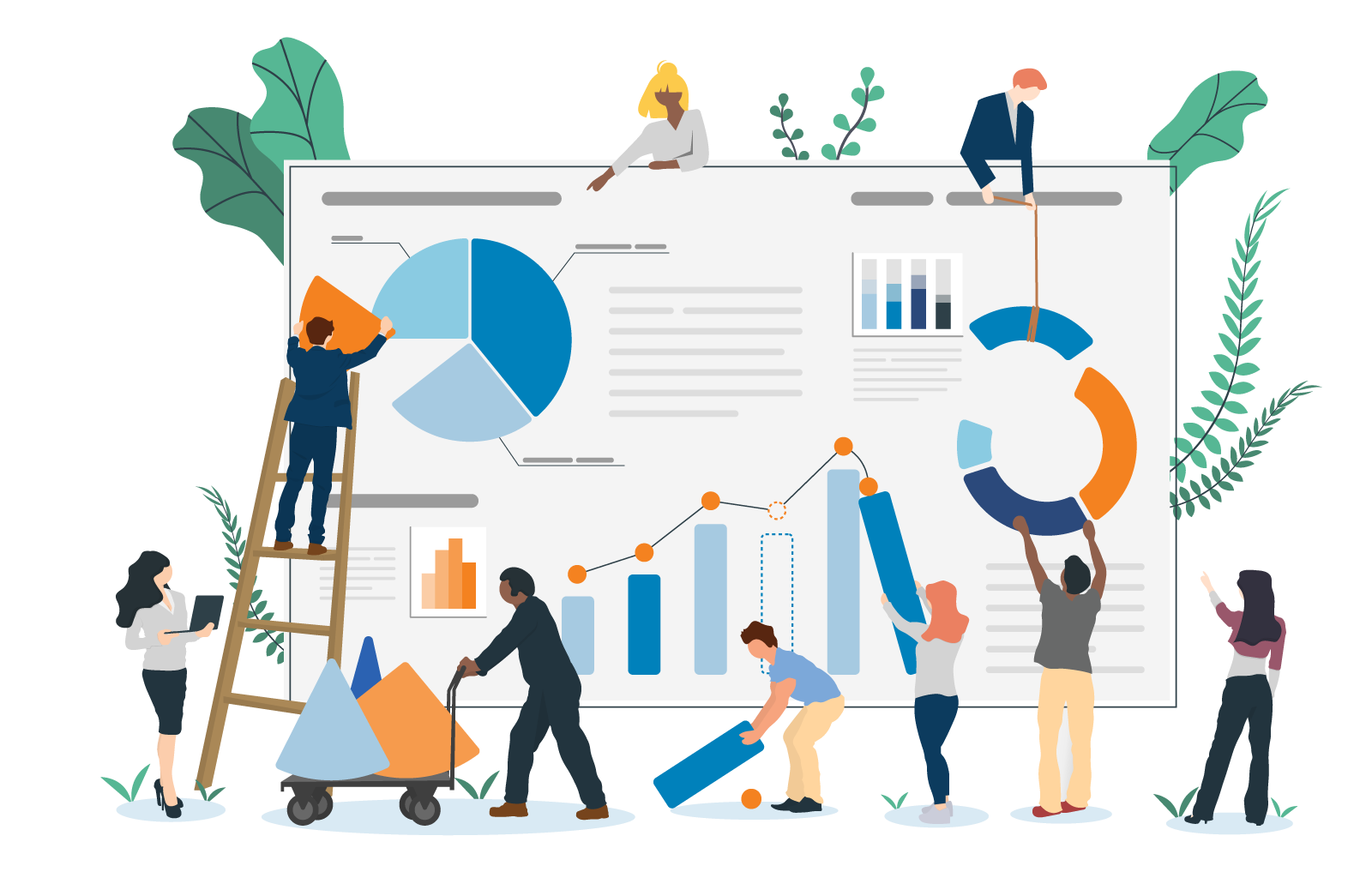 Illustration of people working together on a large data analysis infographic with charts, graphs, and pie charts, involving tasks like measuring, lifting, and pointing at data visuals, surrounded by greenery.