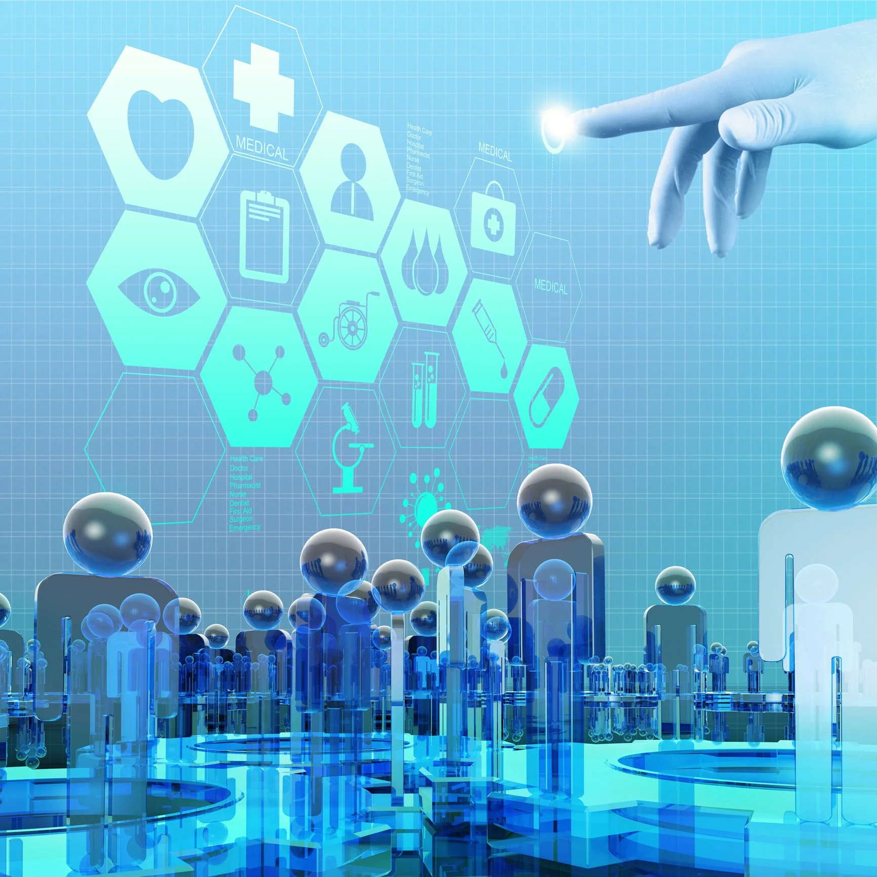 Futuristic digital healthcare interface with hexagon icons representing medical services and a hand interacting with the interface surrounded by floating spheres.