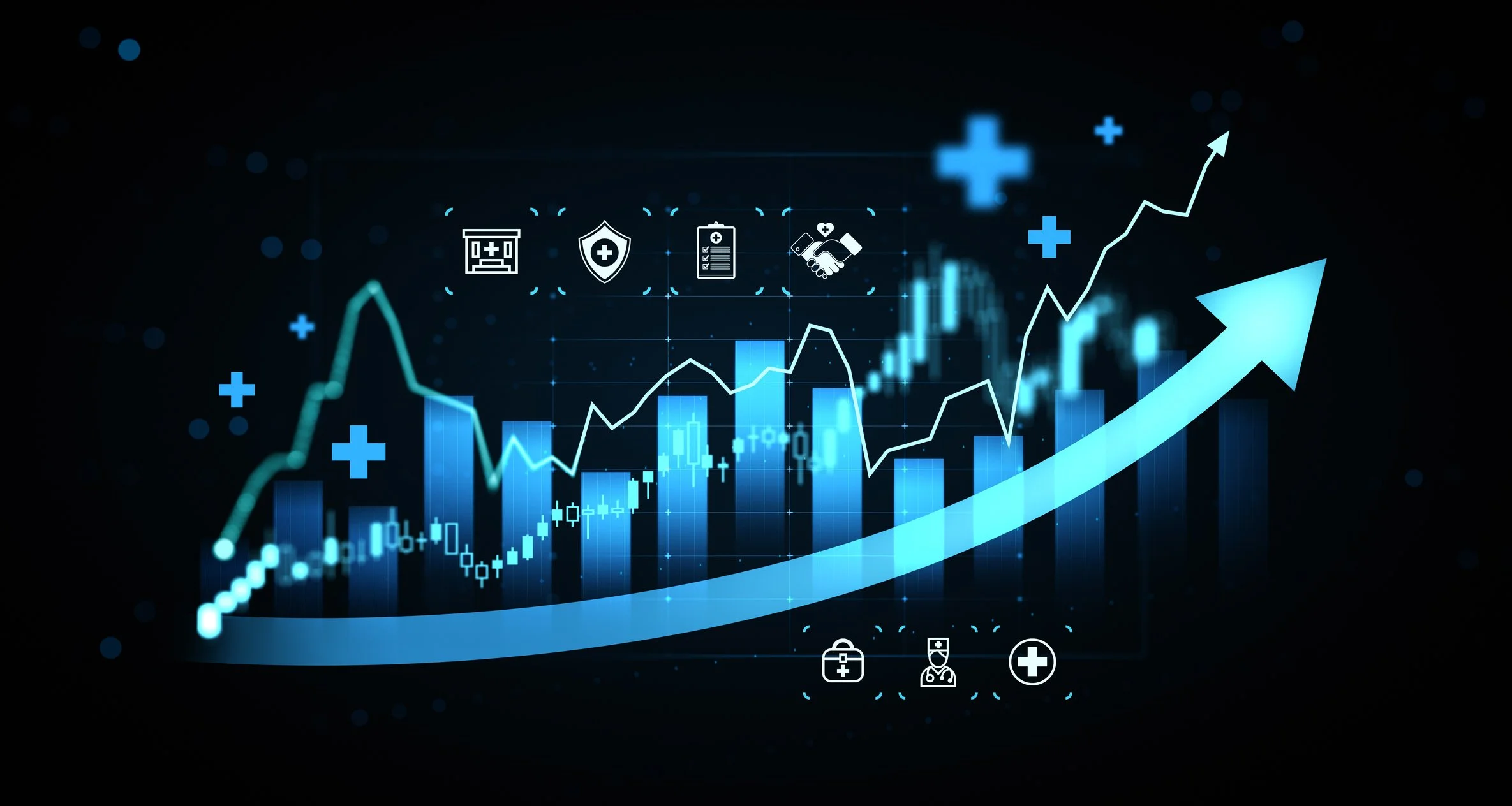 Digital graphic showing medical and health icons with an upward trending arrow, bar graph, and line chart, representing healthcare growth and analytics.