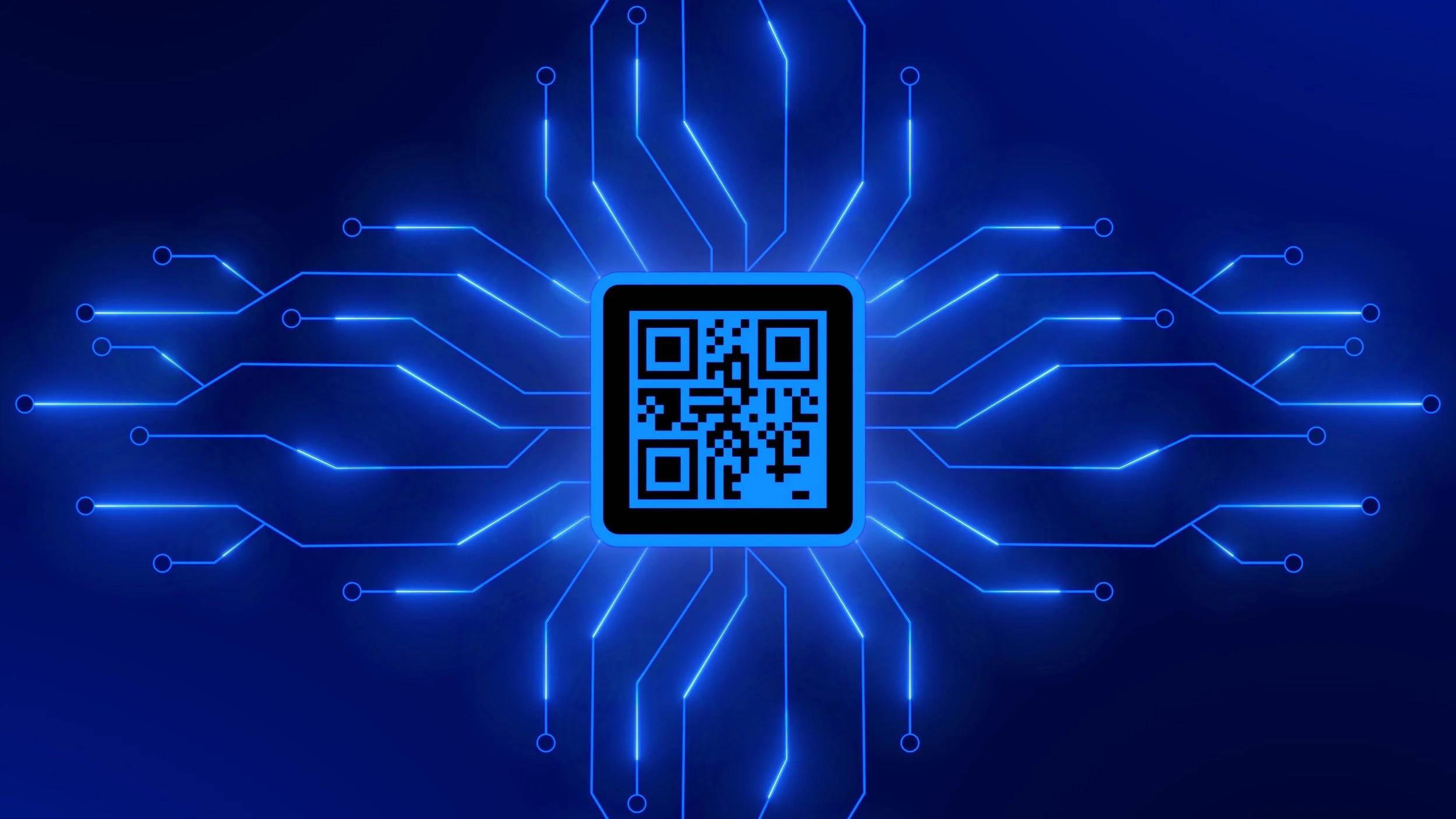 Digital illustration of a QR code centered on a glowing blue circuit board background, with interconnected circuit lines extending outward.