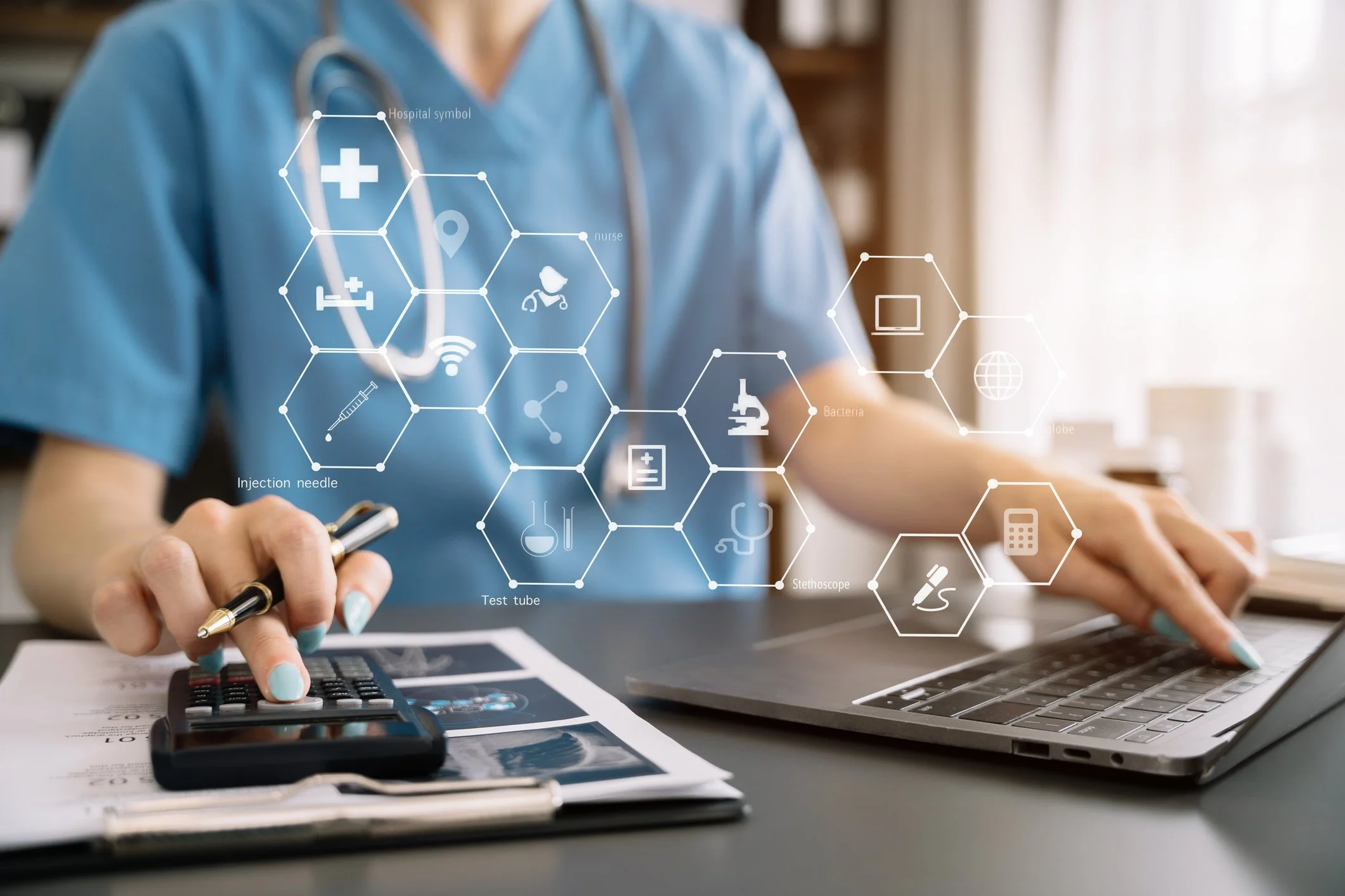 Healthcare professional in scrubs working at a desk with medical icons, calculator, and laptop.