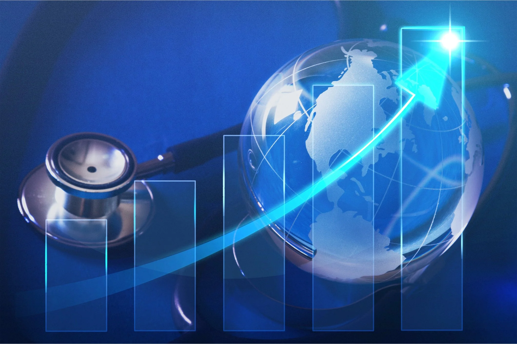 Digital image of a globe with a stethoscope on the left, overlaid with upward trending financial charts and glowing digital elements, symbolizing healthcare and technology integration.
