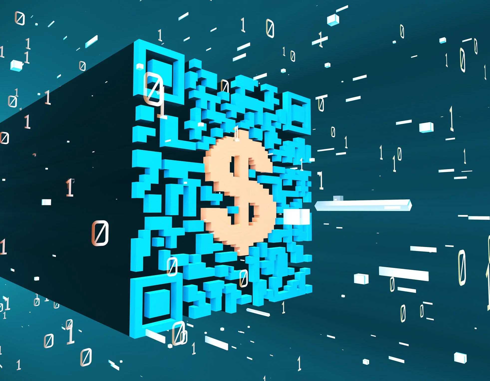 Digital illustration of a QR code made of blue 3D cubes, with a looping arrow cursor hand pointing at it, surrounded by binary digits and digital symbols on a dark background.