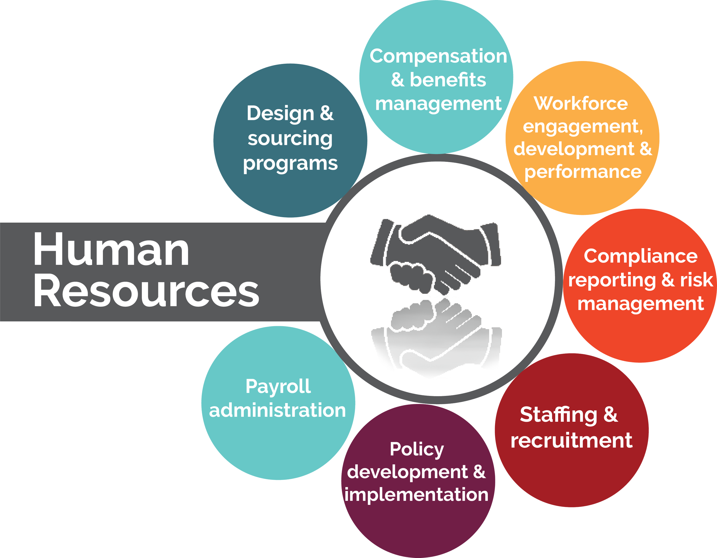 Diagram titled 'Human Resources' with interconnected bubbles representing various HR functions: design & sourcing programs, compensation & benefits management, workforce engagement & development, compliance reporting & risk management, staffing & recruitment, policy development & implementation, payroll administration, and human resources.