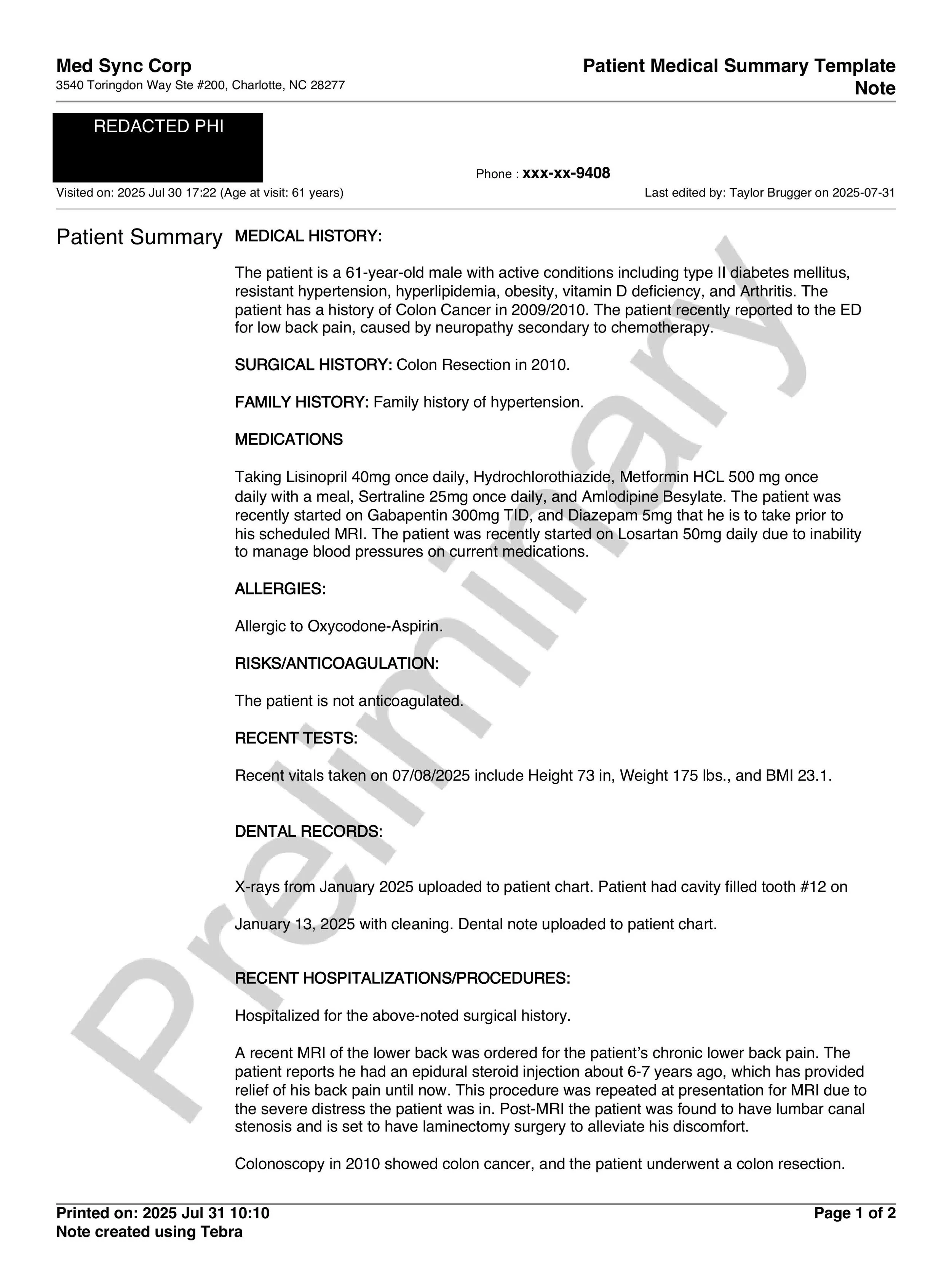Patient medical summary document from Med Sync Corp, Charlotte, NC, with typical medical report sections including medical history, surgical history, family history, medications, allergies, recent tests, dental records, recent hospitalizations, and procedures, printed date July 31, 2025.
