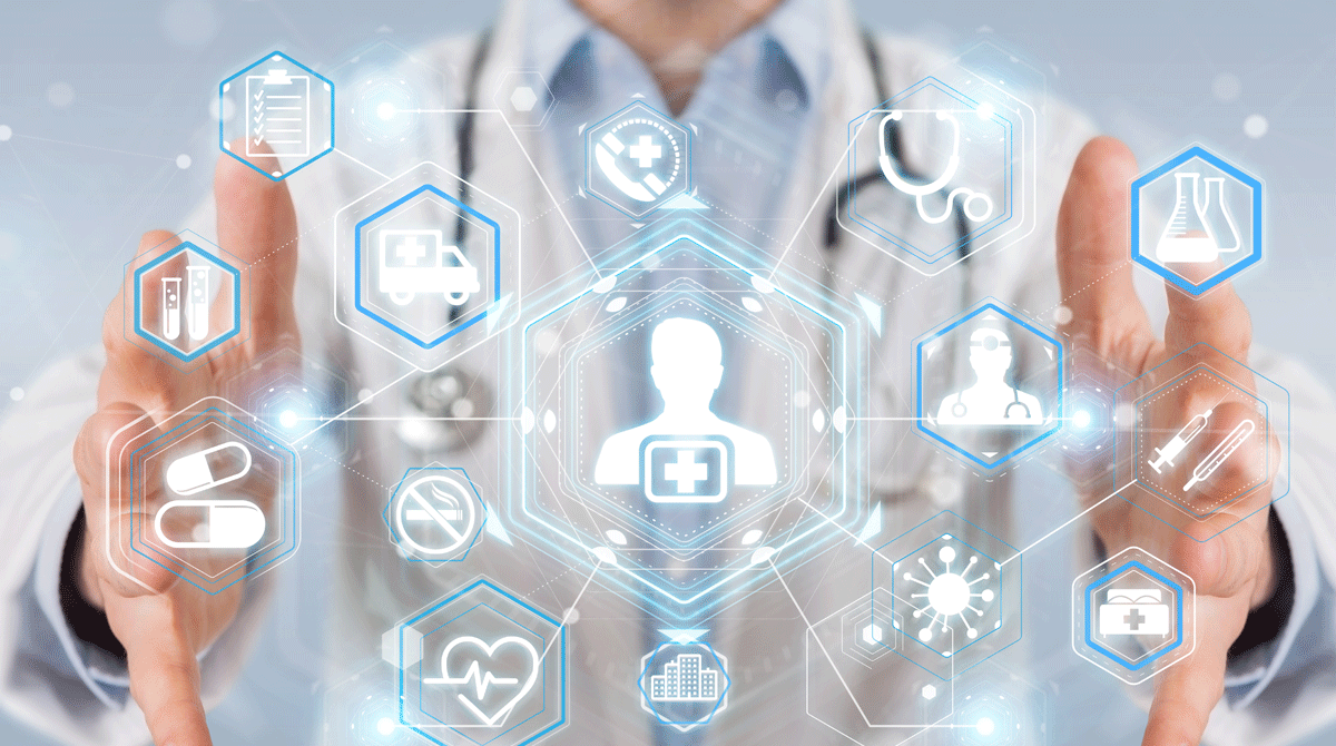 A healthcare professional interacts with digital medical icons representing various health services and data, such as ambulance, medicines, heart rate, and vaccination, in a futuristic, holographic interface.