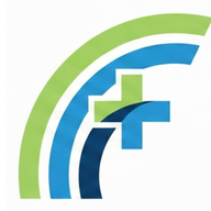Abstract logo with green and blue arches surrounding a blue cross.