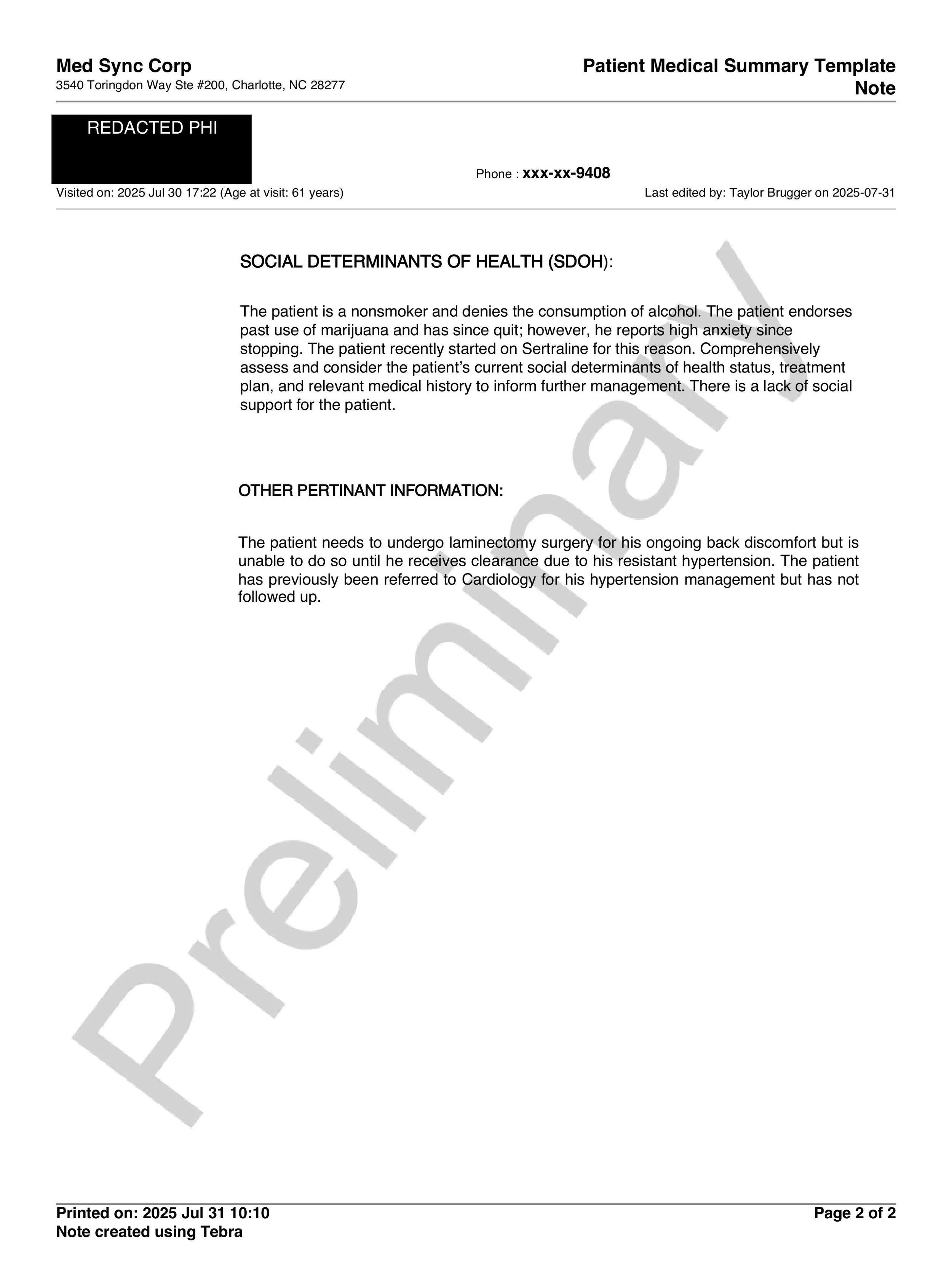 A patient medical summary document from Med Sync Corp detailing social determinants of health and other pertinent health information, dated July 31, 2025.
