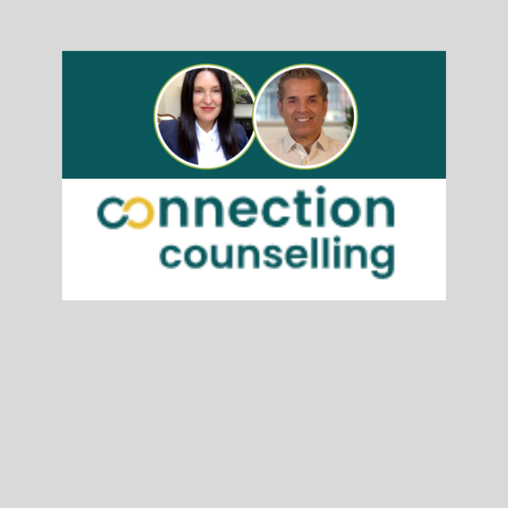 Logo for Connection Counseling featuring two professional headshots and the word 'connection' with the 'oo' stylized as interconnected links, and the word 'counseling' beneath it.