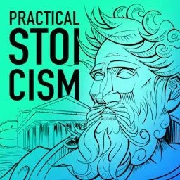 Illustration of a bearded man with flowing hair, over a background of a classical building, with the words 'Practical Stoicism' in bold black letters.