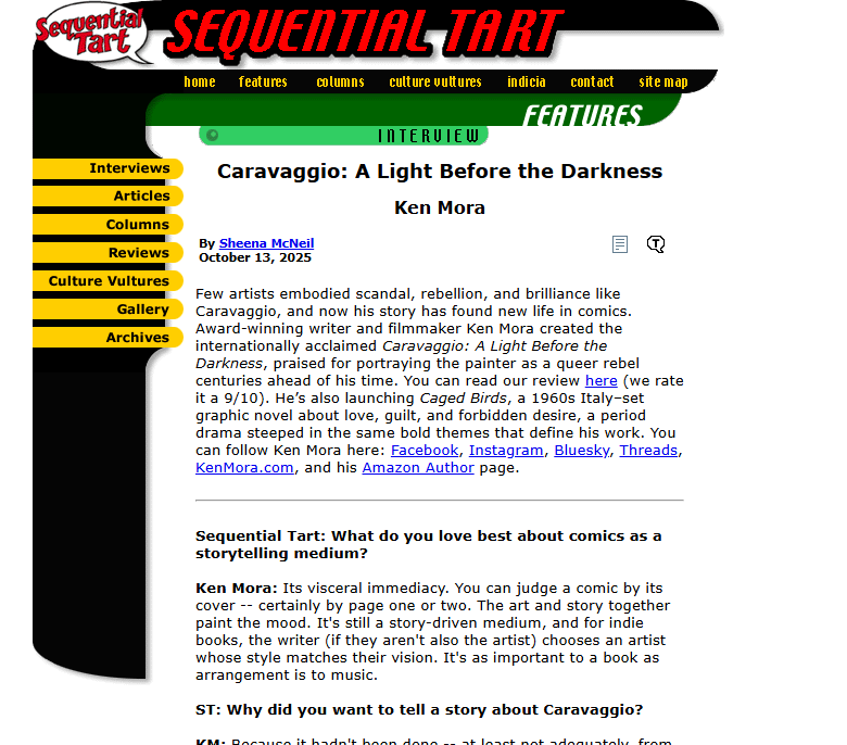 Screenshot of an online article titled "Caravaggio: A Light Before the Darkness" by Ken Mora, published on SequentiaL-Tart website. The article discusses Caravaggio's influence on comics, his story, and his portrayal of the painter as a rebel. The we