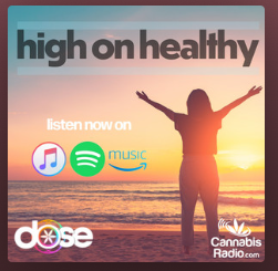 Person standing on beach at sunset with arms outstretched, promoting high on healthy cannabis radio and music on Spotify, Apple Music, and Dose Cannabis Radio.