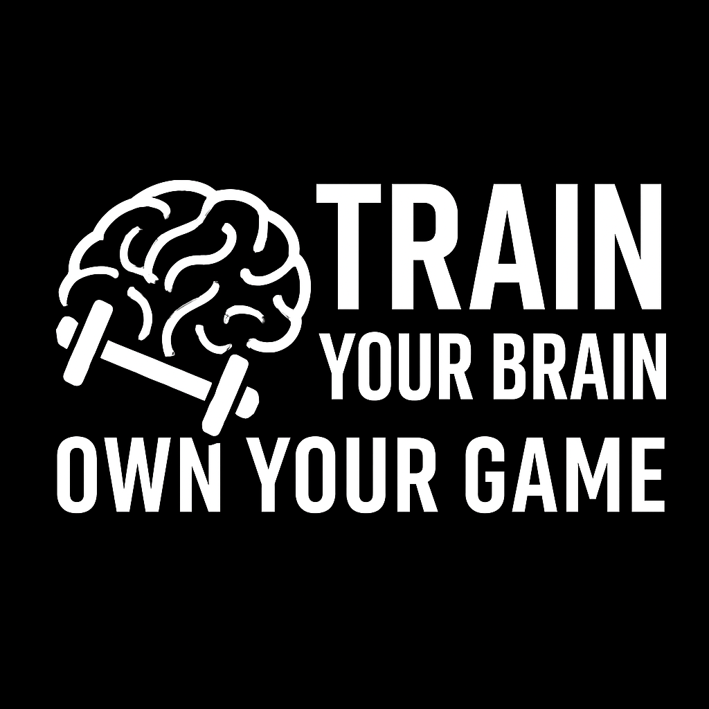 Black background with a white illustration of a brain lifting a barbell, and the text "Train Your Brain Own Your Game" in white.