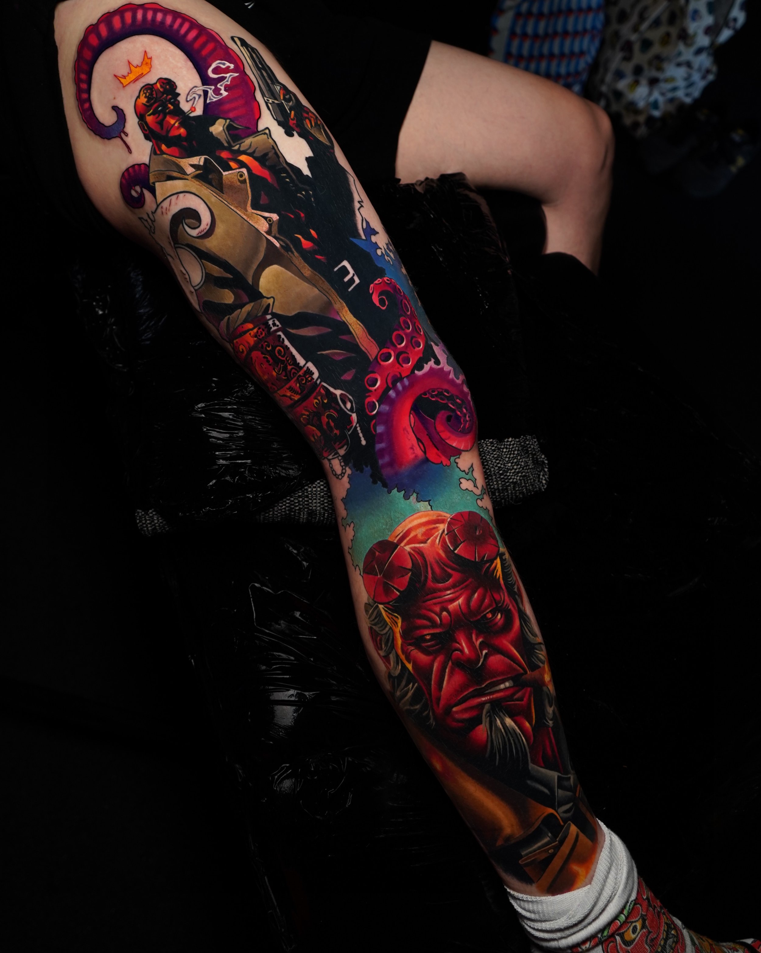 Been chipping away on Dom&rsquo;s Hellboy leg. Super fun project and can&rsquo;t wait to get onto this inside of his leg. Cheers mate #tattoo #hellboy #hellyboytattoo