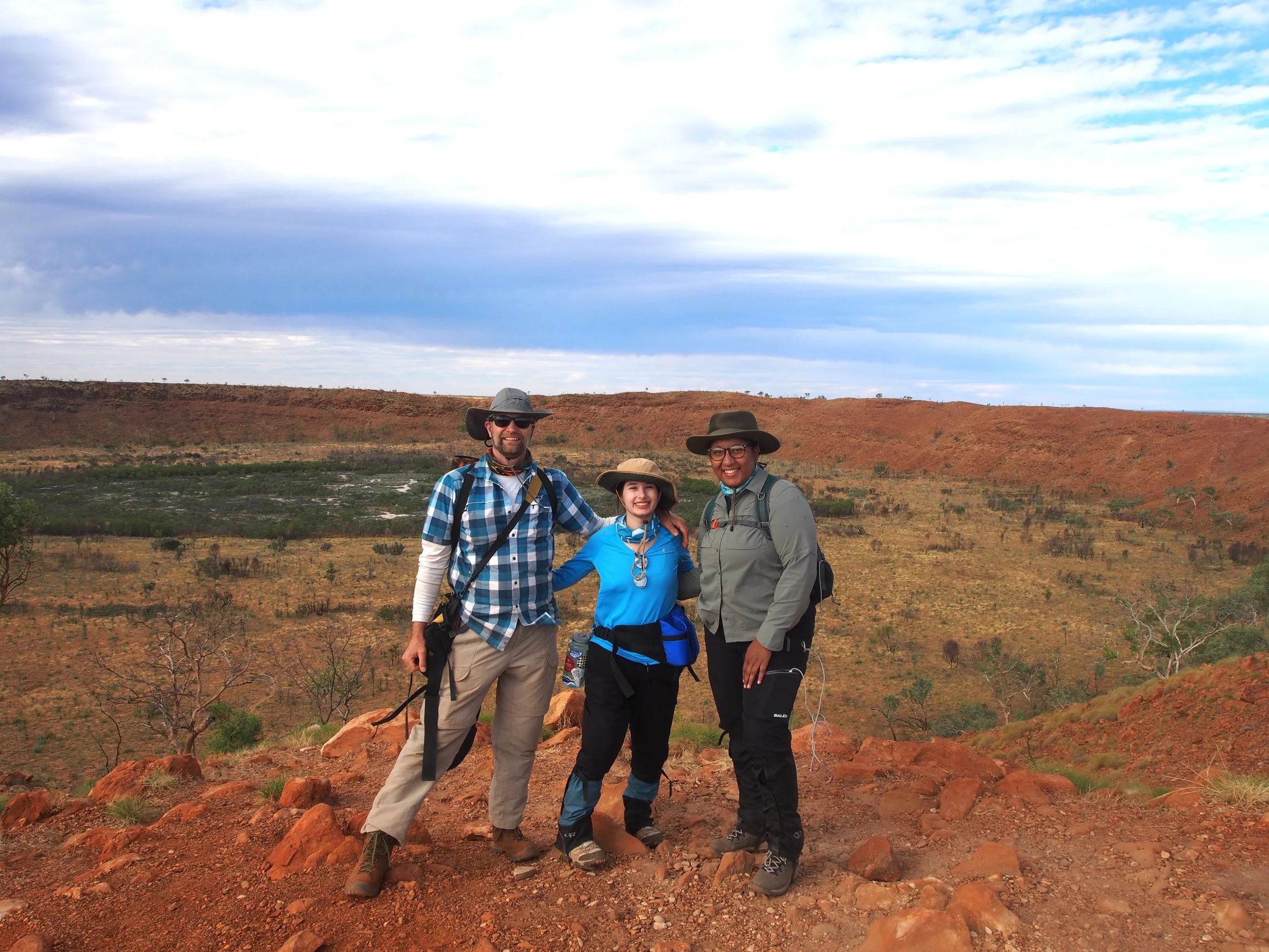 Chris Martine, Claire Marino '23, and Tanisha Williams at Wolfe Creek Crater, Western Australia. June 2022. 