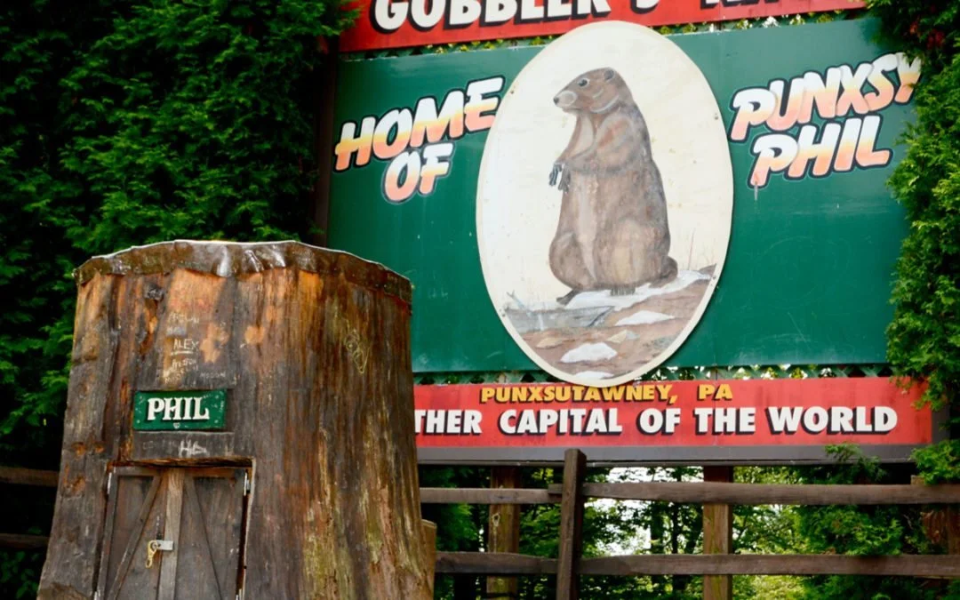 A sign for Gobbler's Kitchen and the home of Punky Phil, featuring a painted image of a groundhog. The sign mentions Punxsutawney, Pennsylvania, and refers to it as the "Weather Capital of the World." In front of the sign is a large tree stump with a smaller sign that reads "Phil."