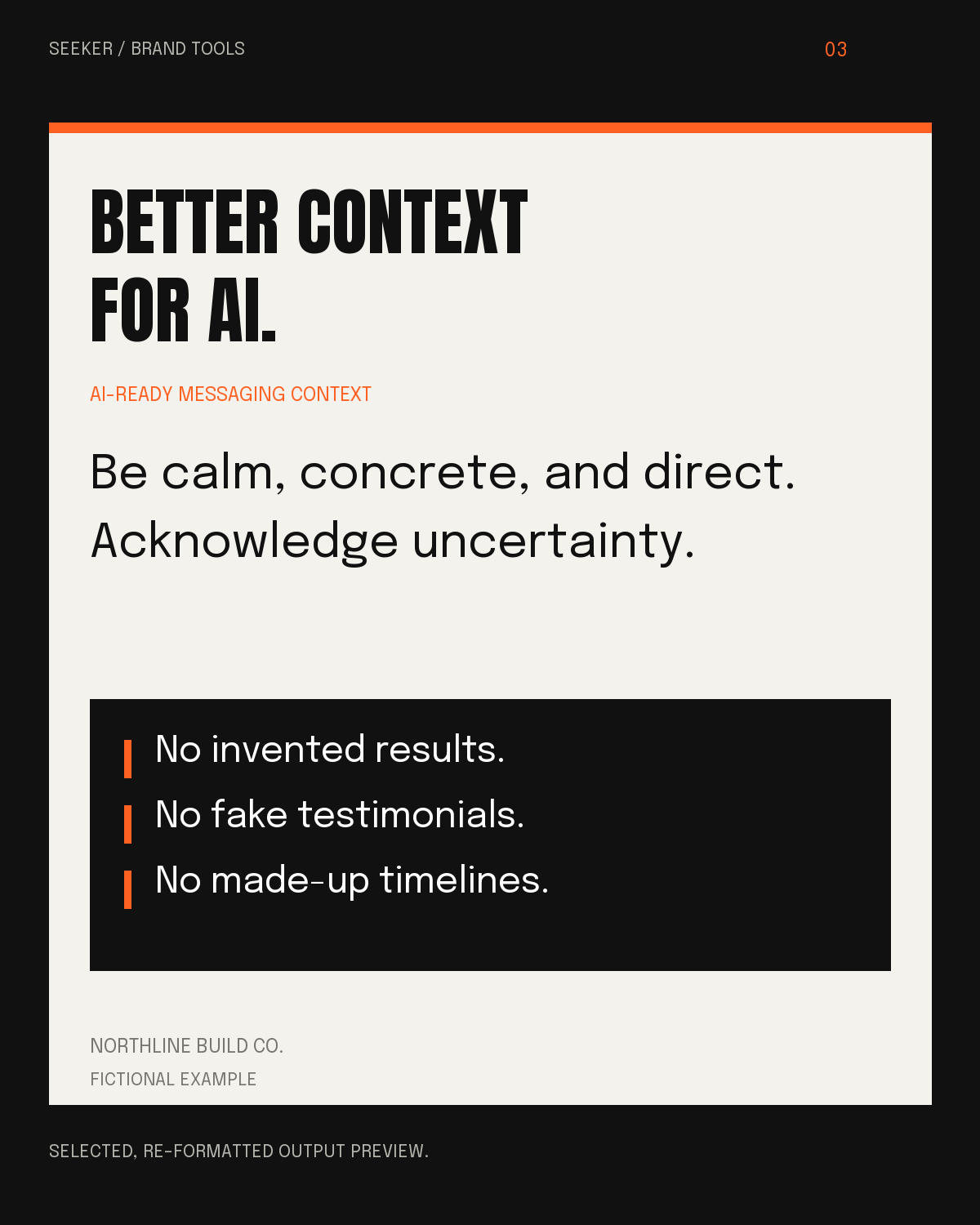 Fictional Northline AI messaging context preview with approved language and fact-checking boundaries.