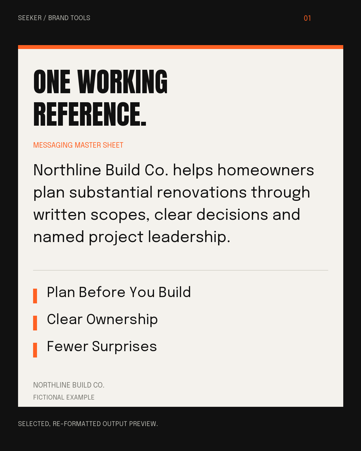 Fictional Northline Messaging Master Sheet preview with positioning, message pillars and proof guidance.