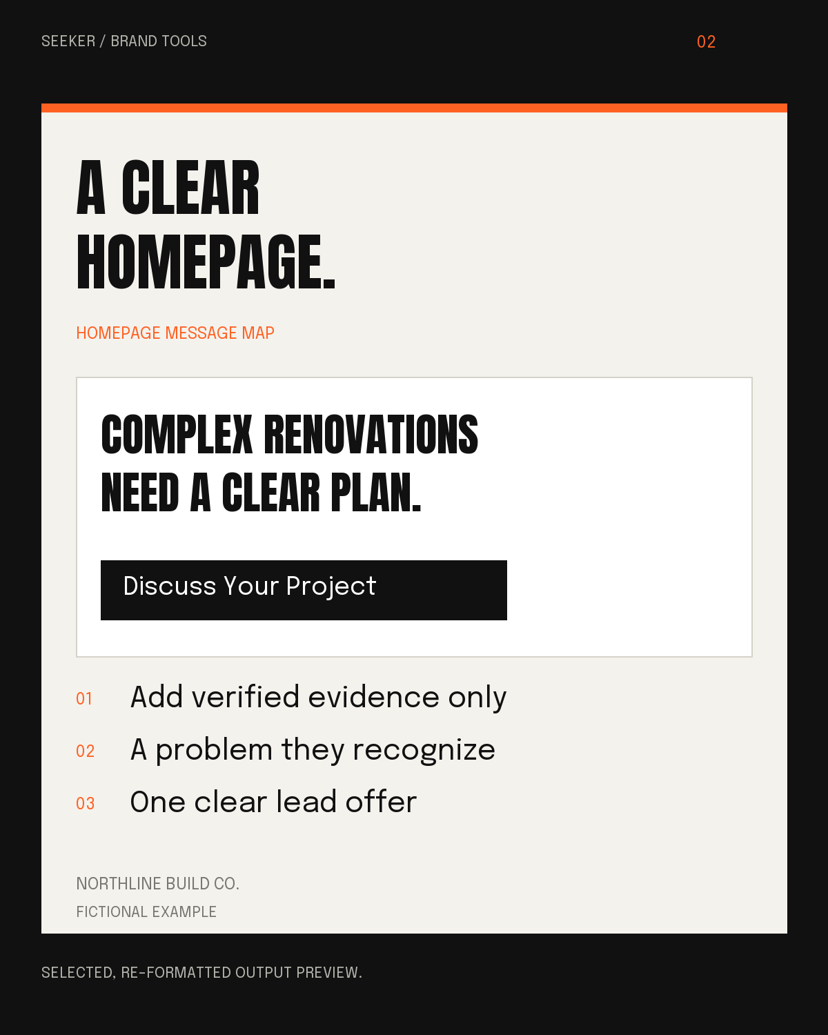 Fictional Northline homepage message map showing buyer questions and supporting messages.