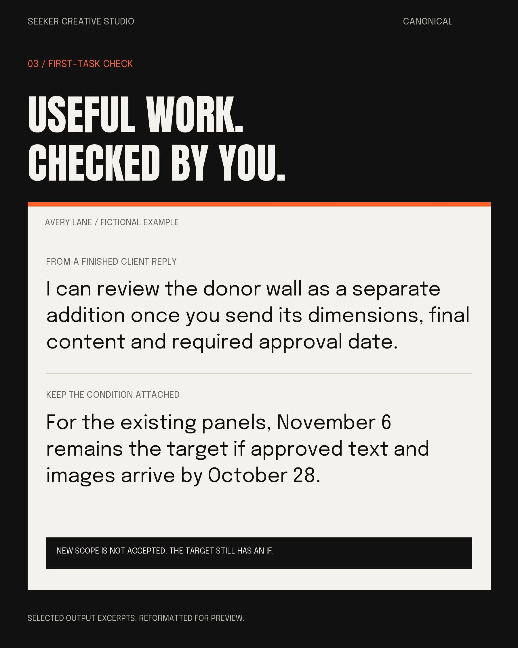 Fictional Avery reply: request donor-wall inputs before accepting added work; keep the October 28 input condition on the November 6 target. Teaching example, not a customer result.
