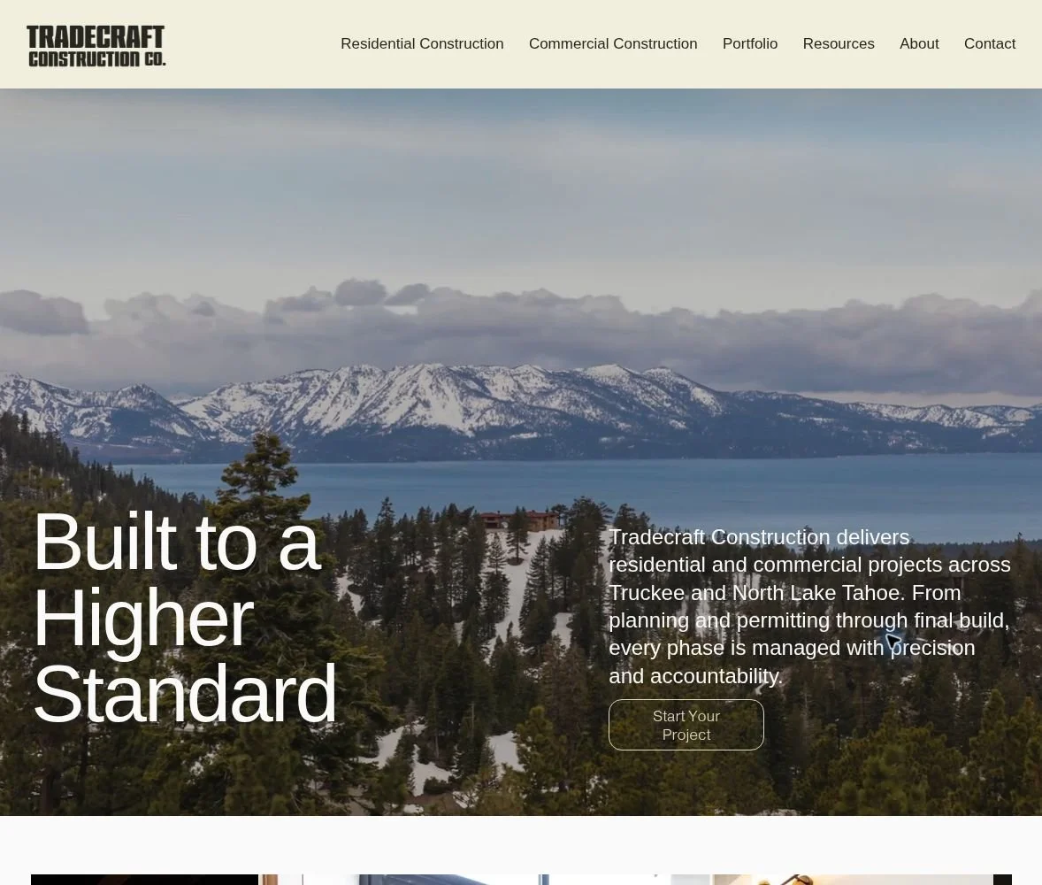 Tradecraft Construction website: Tahoe landscape, service navigation and Built to a Higher Standard headline