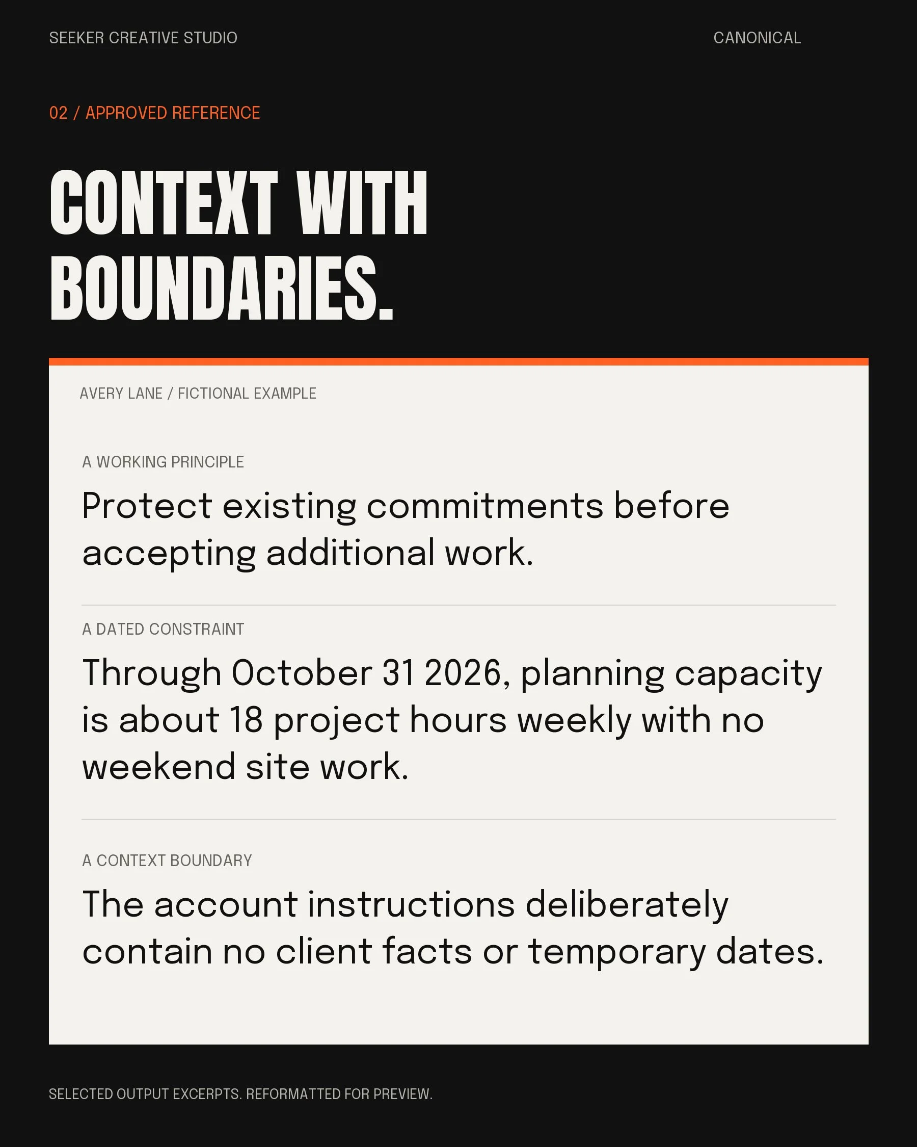 Fictional Avery reference: protect commitments, label the dated 18-hour planning limit and keep client facts and temporary dates out of account instructions. Selected output excerpts.