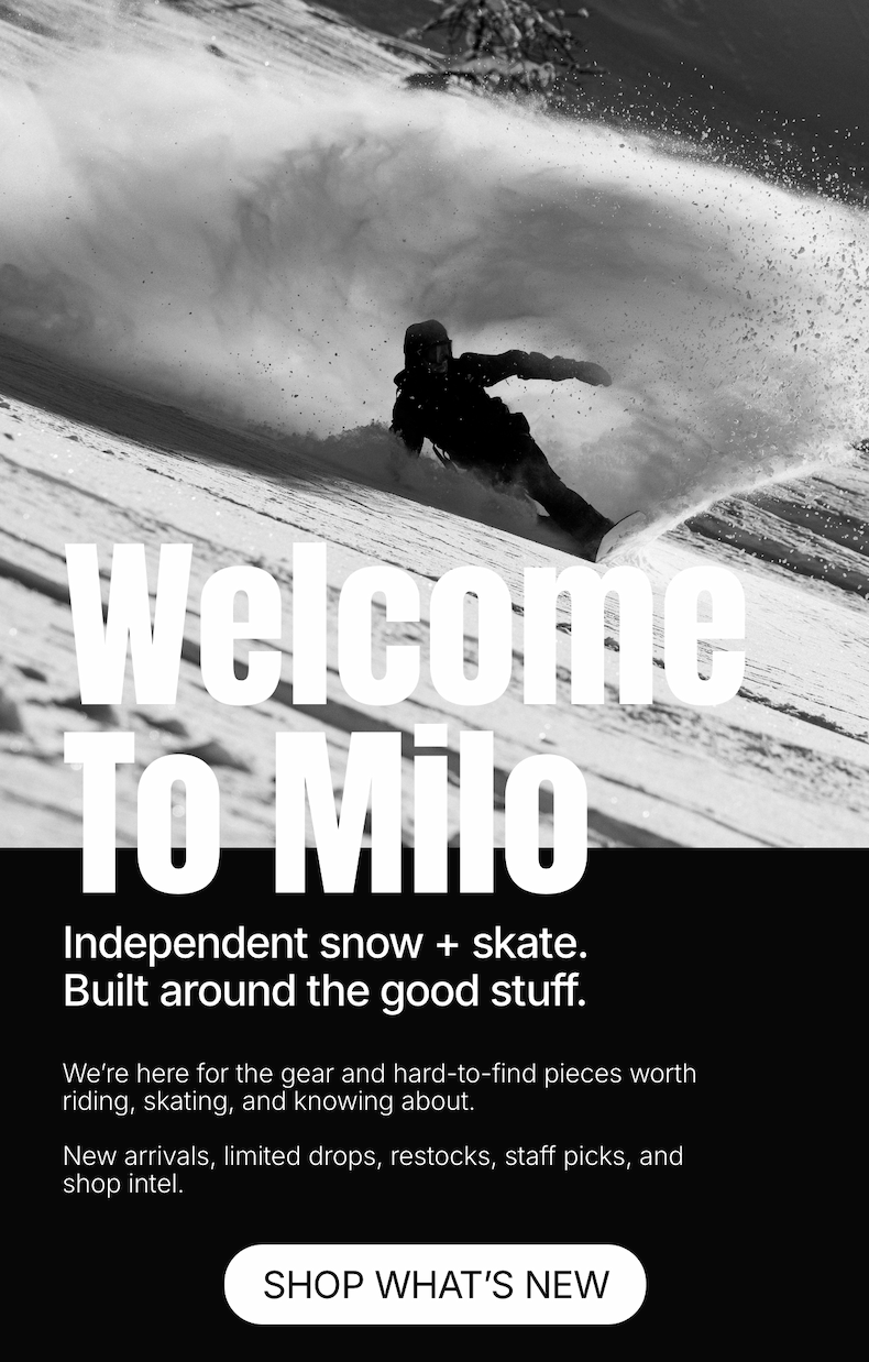 Milo welcome-email design: Welcome to Milo, with a powder snowboarder, independent snow and skate message, and pictured Shop What’s New button.