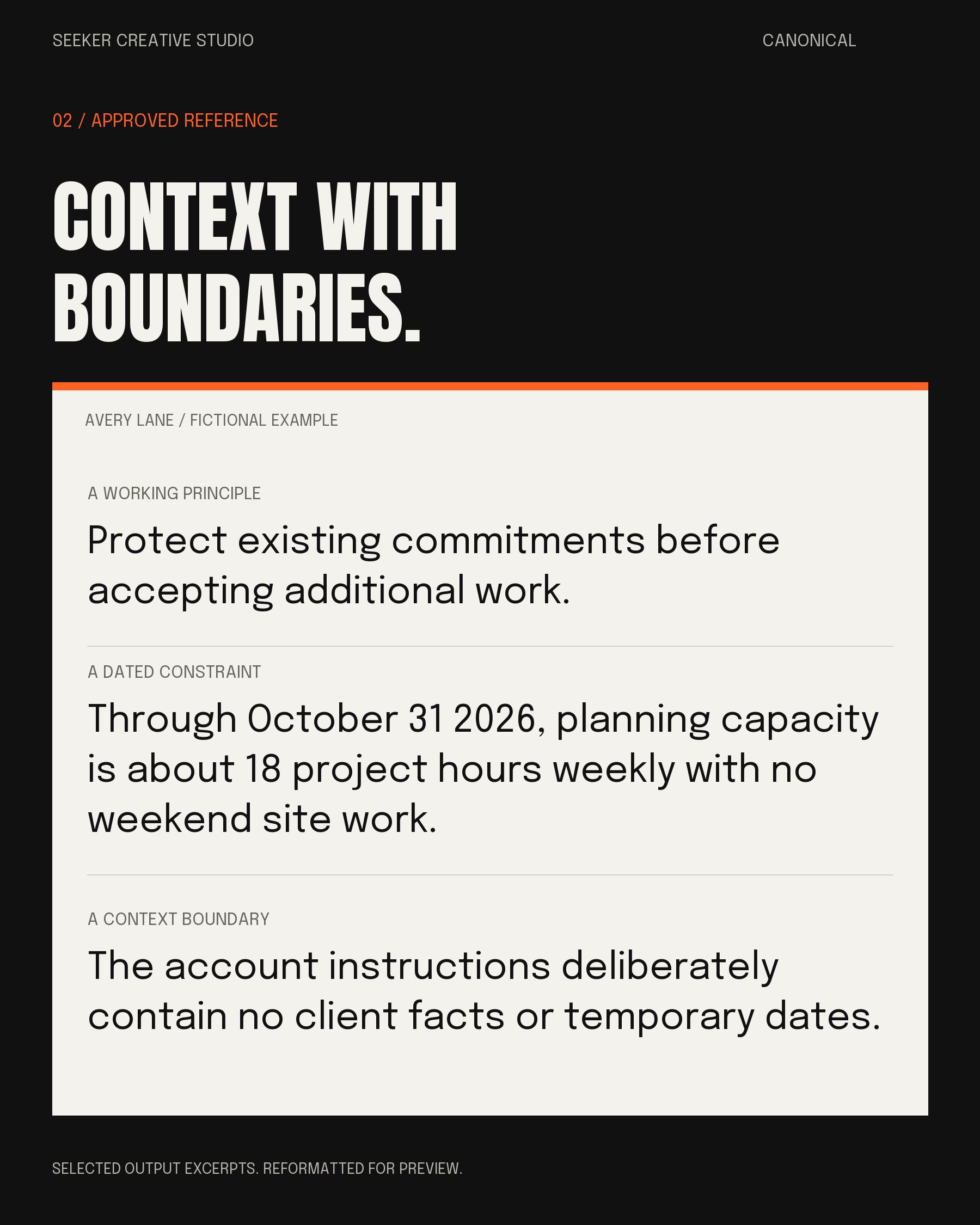02 / Your approved reference. The useful context behind your decisions, with dates, boundaries and unknowns kept visible. Selected excerpts from the fictional Avery example.