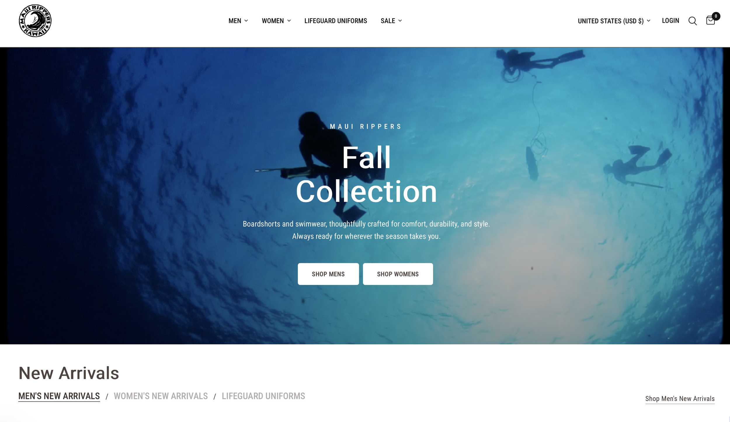 Underwater photo of two scuba divers, one above and one below, with the ocean's surface visible. The webpage features Maui Rippers' Fall Collection, offering boardshorts and swimwear for men and women, emphasizing comfort, durability, and style.