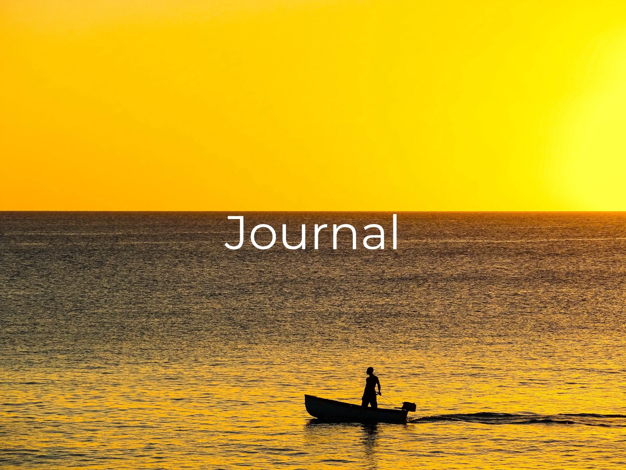 A person standing in a boat at sunset, with a large yellow-orange sky and the word 'Journal' overlayed.