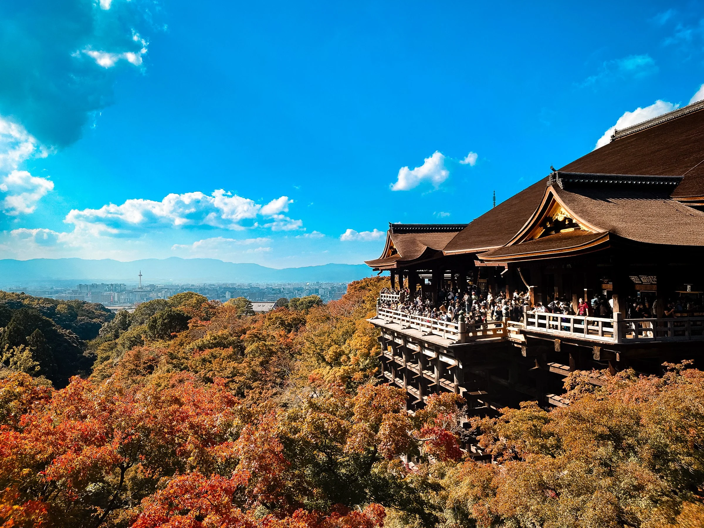 A traditional Japanese temple with wooden structures and curved roofs, surrounded by autumn-colored trees with orange, red, and yellow leaves. In the background, there's a view of the city skyline with a tall tower and mountains under a framed blue s
