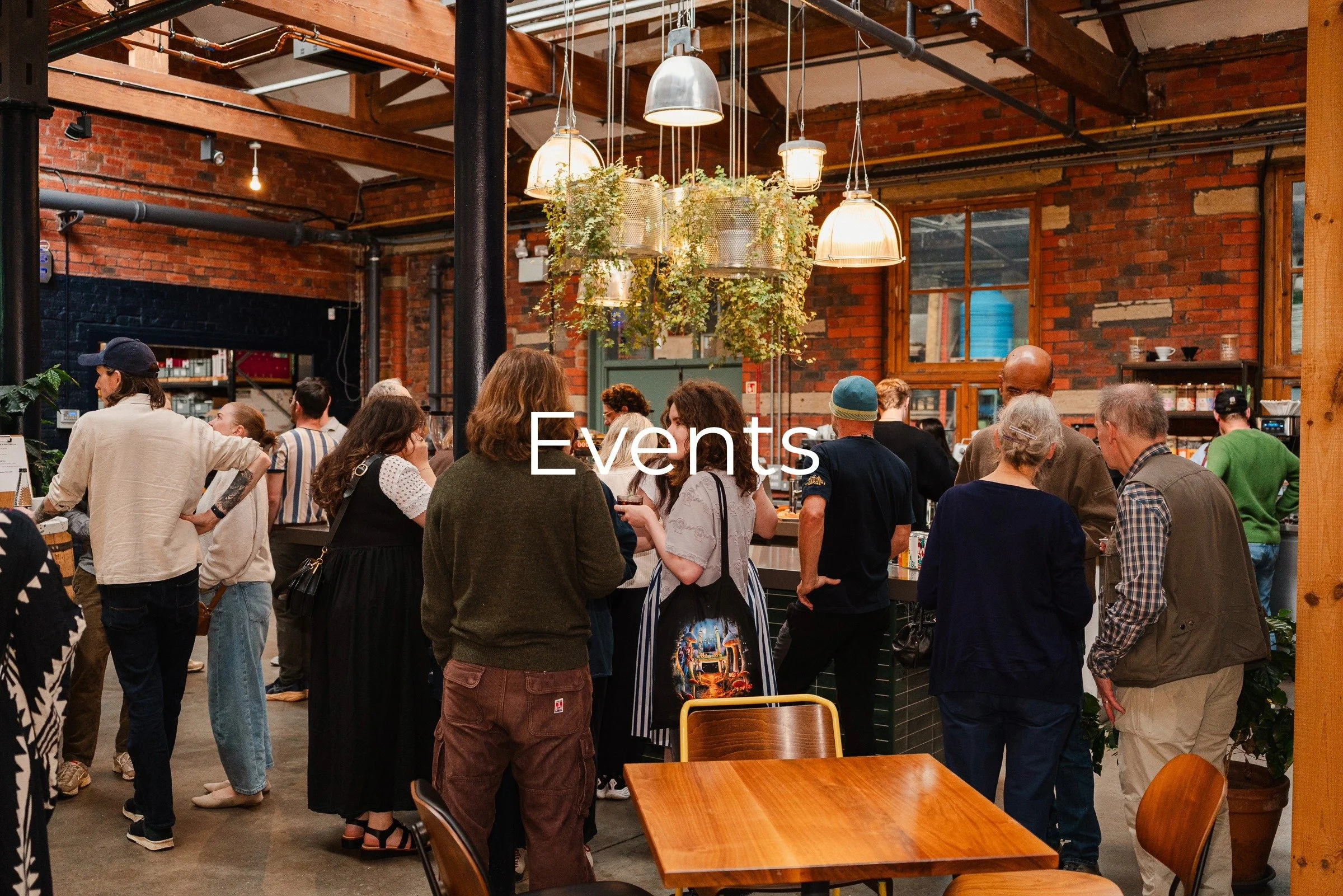 A busy indoor event with a crowd of diverse people gathered, some engaged in conversation. The setting has brick walls, wooden beams, and industrial-style hanging lights with plants, creating a warm, lively atmosphere.