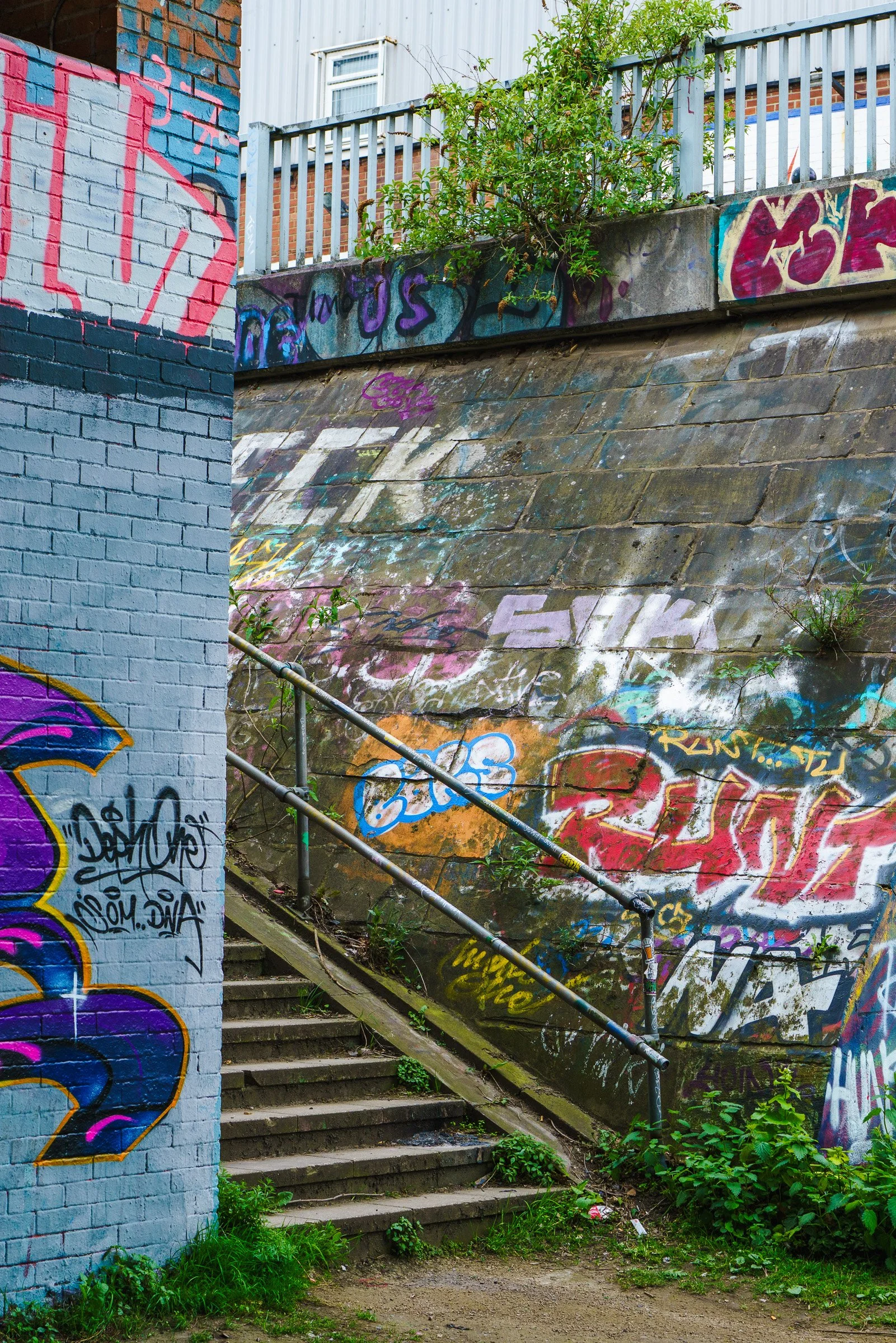 Graffiti-covered wall and staircase outdoors, with small green plants and grass at the base, and a building with a window and a white railing above.