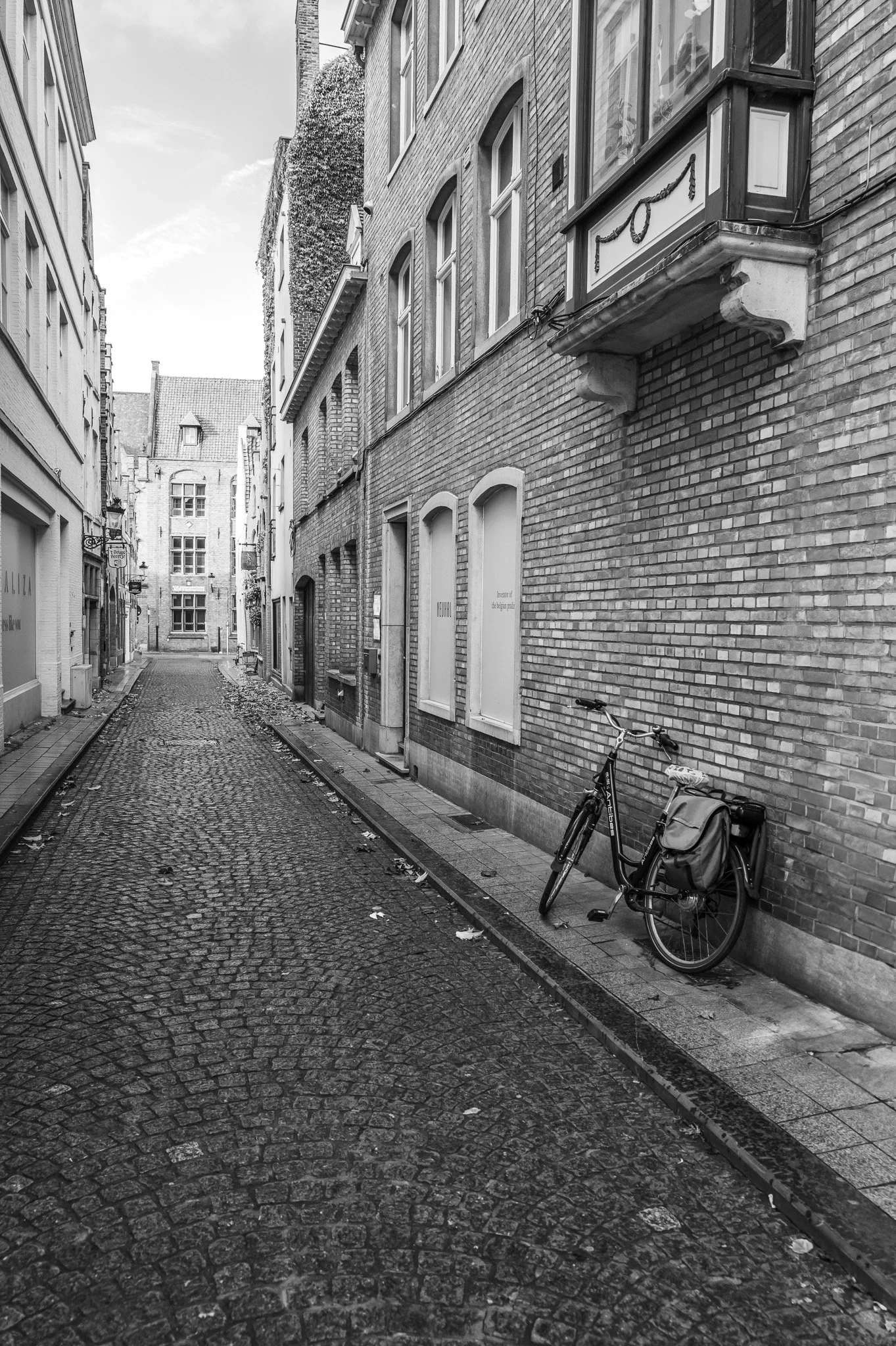 A quiet alley of Bruges rests in timeless calm—where cobblestones, bicycles, and soft northern light preserve the poetry of ordinary moments.