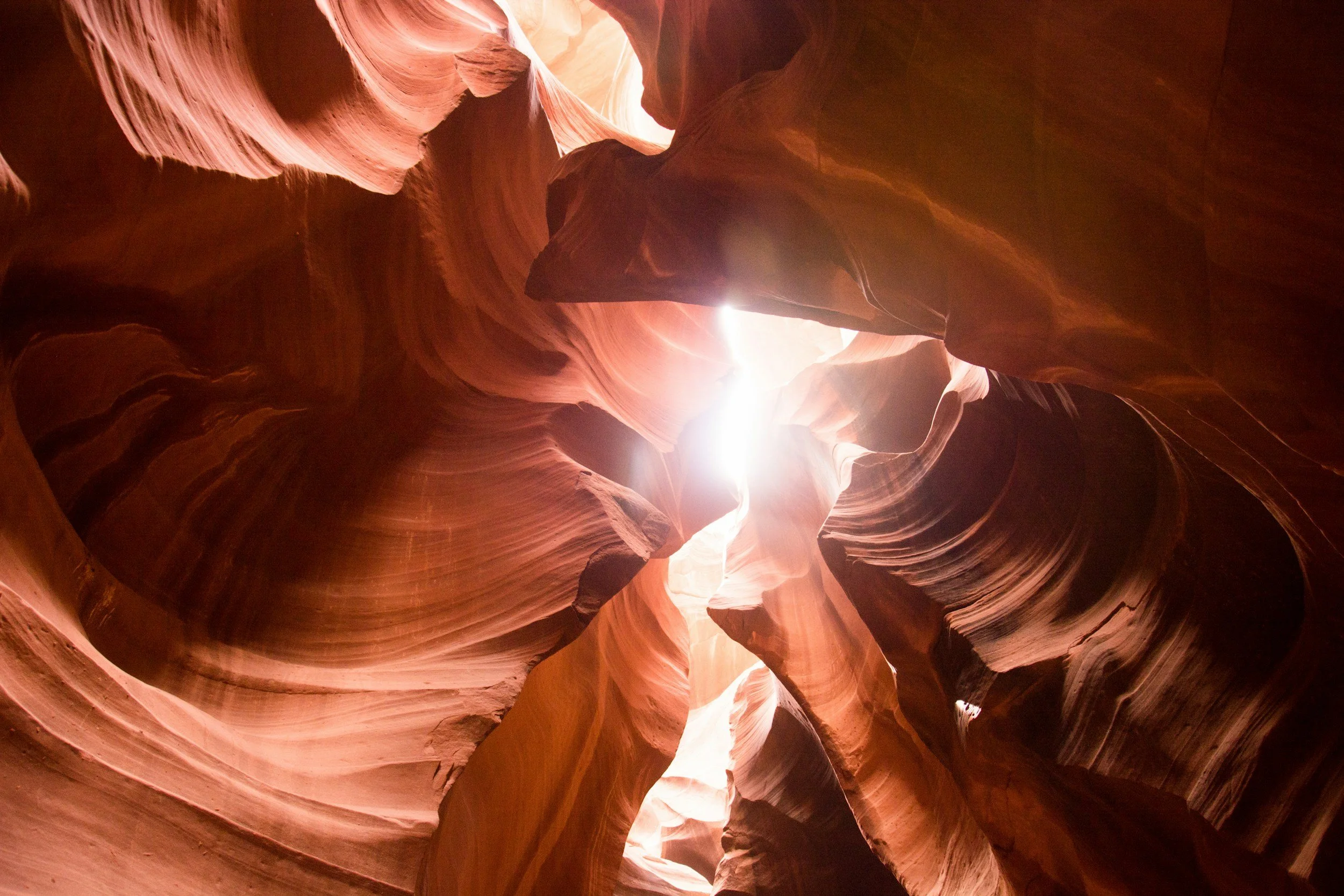 Looking up into a narrow canyon with smooth, layered sandstone walls and sunlight shining through the top opening.