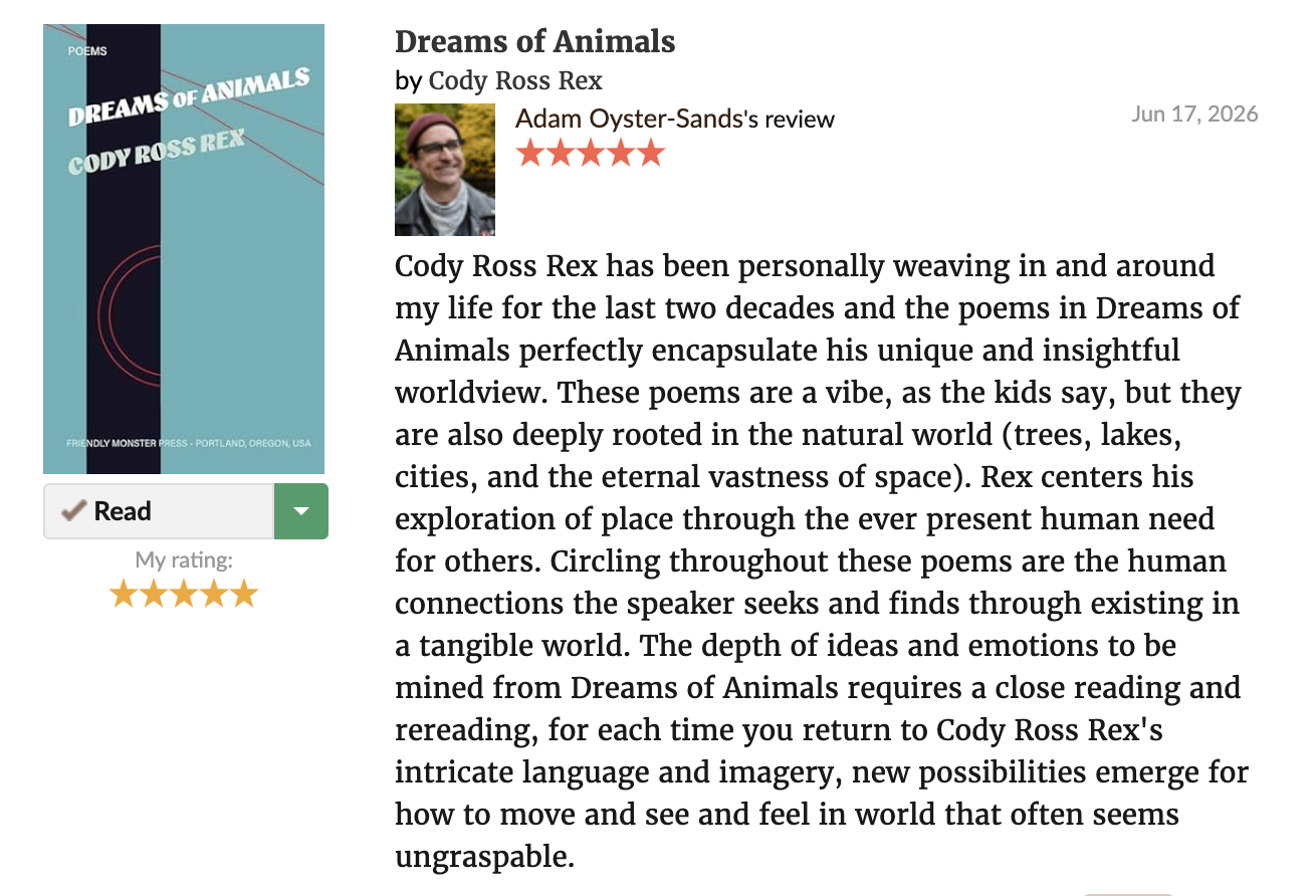 Book cover for 'Dreams of Animals' by Cody Ross Rex, featuring a blue background with abstract lines and circles, and a review of the work by Portland writer Adam Oyster-Sands