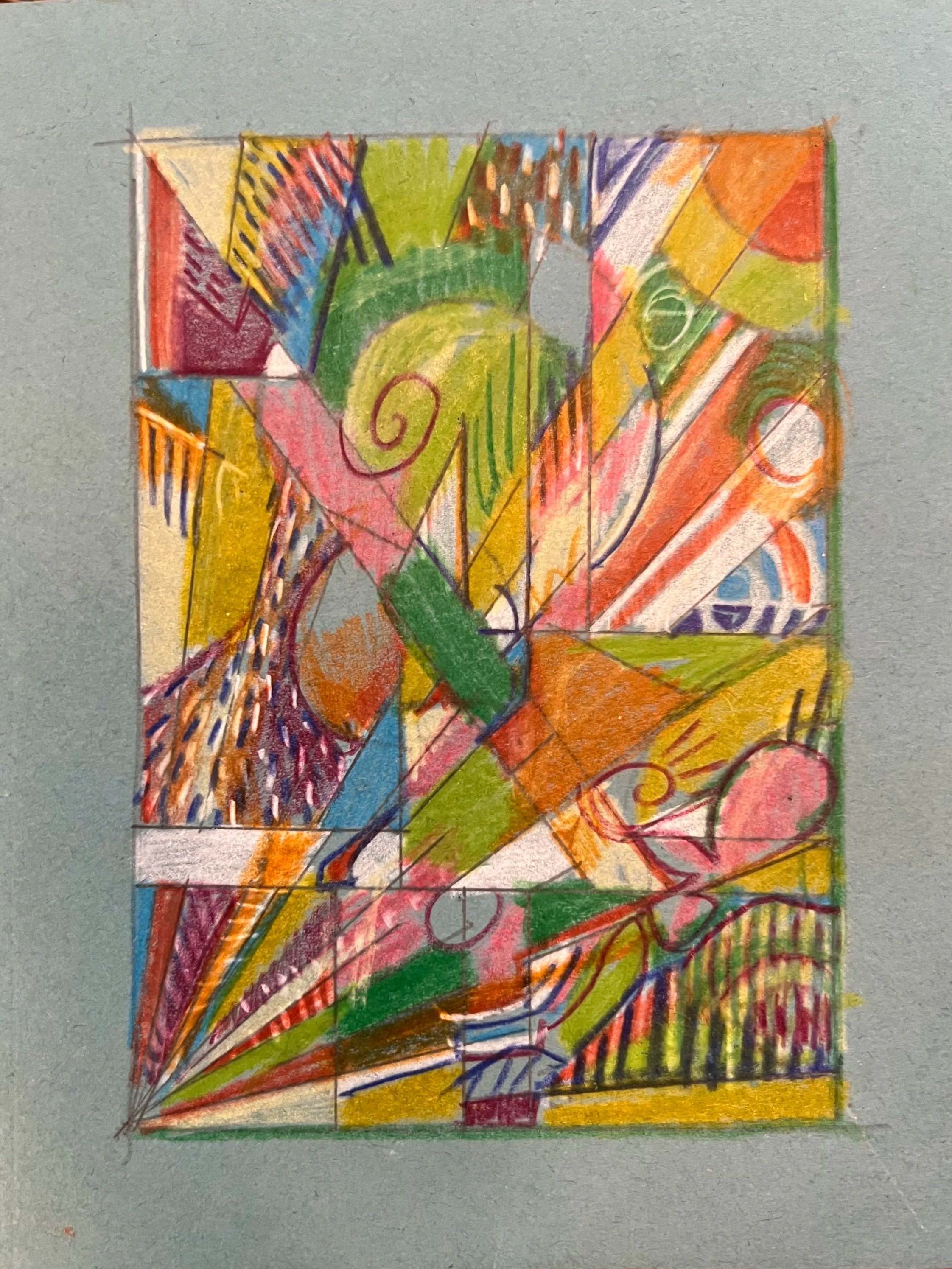 Colorful abstract drawing with various shapes and lines on a grid background. made by Portland artist Scott Cannon