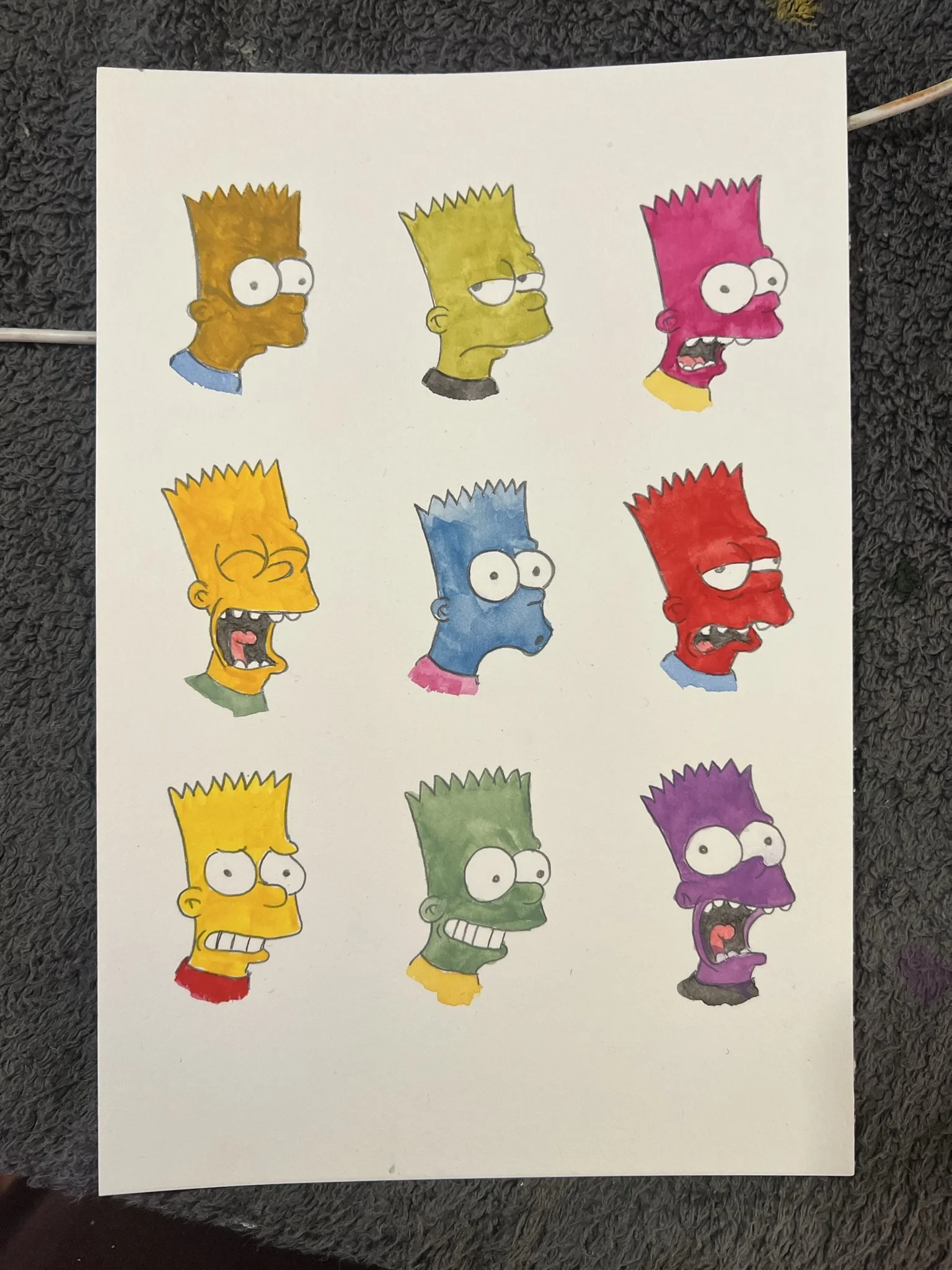 This layout is not originally mine. It was someone's bart simpson collection of faces that I copied (by hand) and then practiced gouache on. Think of it as a very silly paint by number, but there are no numbers, only Bart Simpsons.