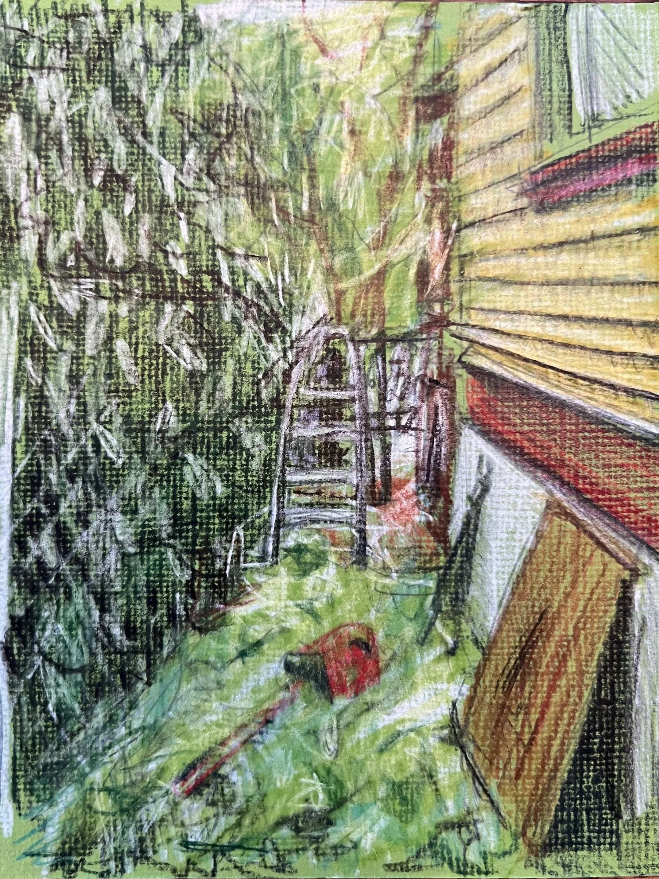 A watercolor painting of a lush green forest with trees and vegetation, featuring a small wooden bridge in the foreground and a structure with a yellow exterior and red roof on the right side.
