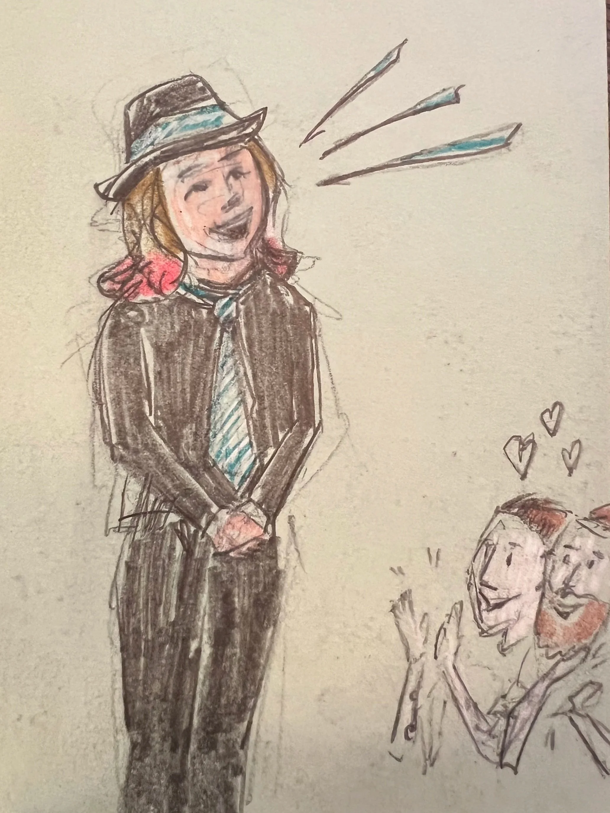 A hand-drawn sketch of a person with a wide smile wearing a hat, with three lines coming out of the hat, and hearts drawn on the side.
