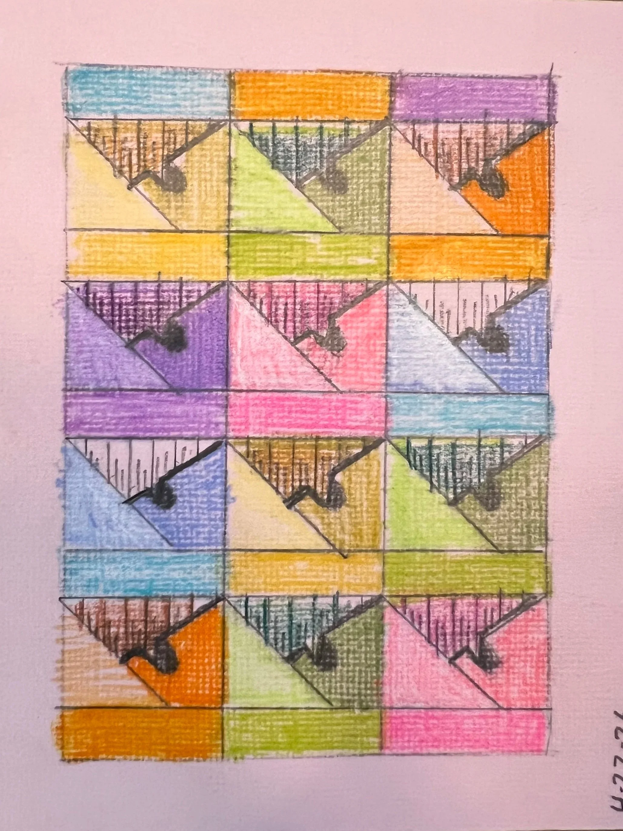 Hand drawn grid with colorful triangles, rectangles, and squares, some filled with solid colors like purple, green, yellow, pink, blue, and orange, with some black dots or marks, on pink paper.