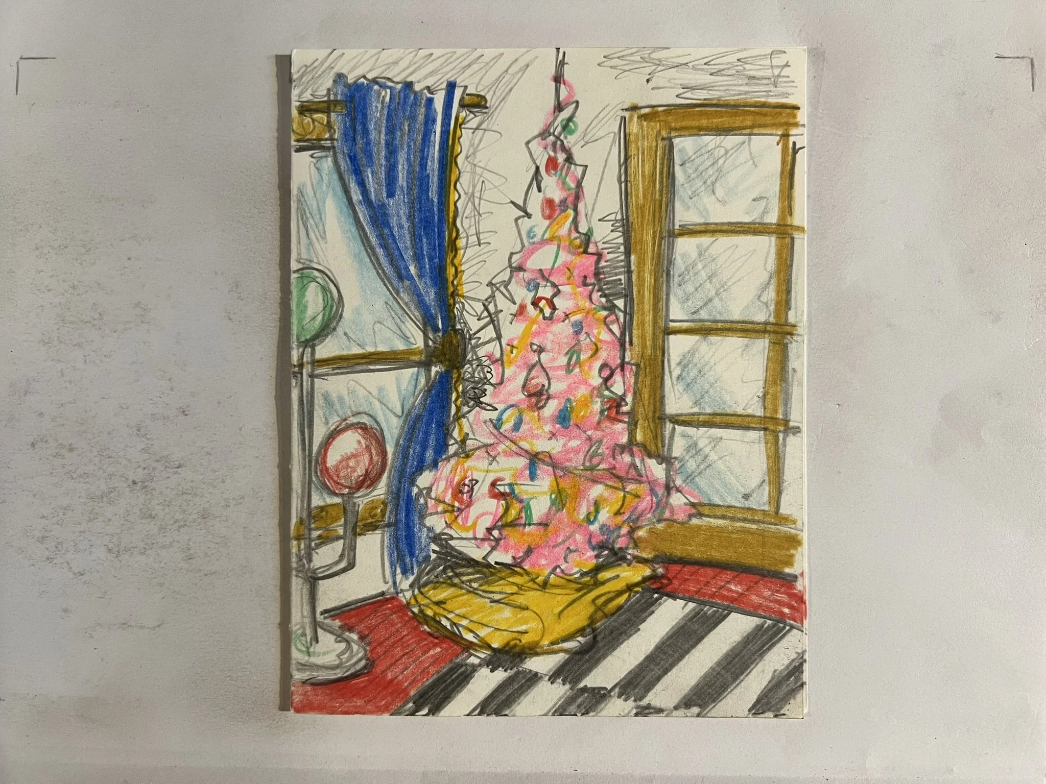 Colorful drawing of a decorated Christmas tree next to a window with a blue curtain, placed inside a room with a red carpet. made by Portland artist Scott Cannon