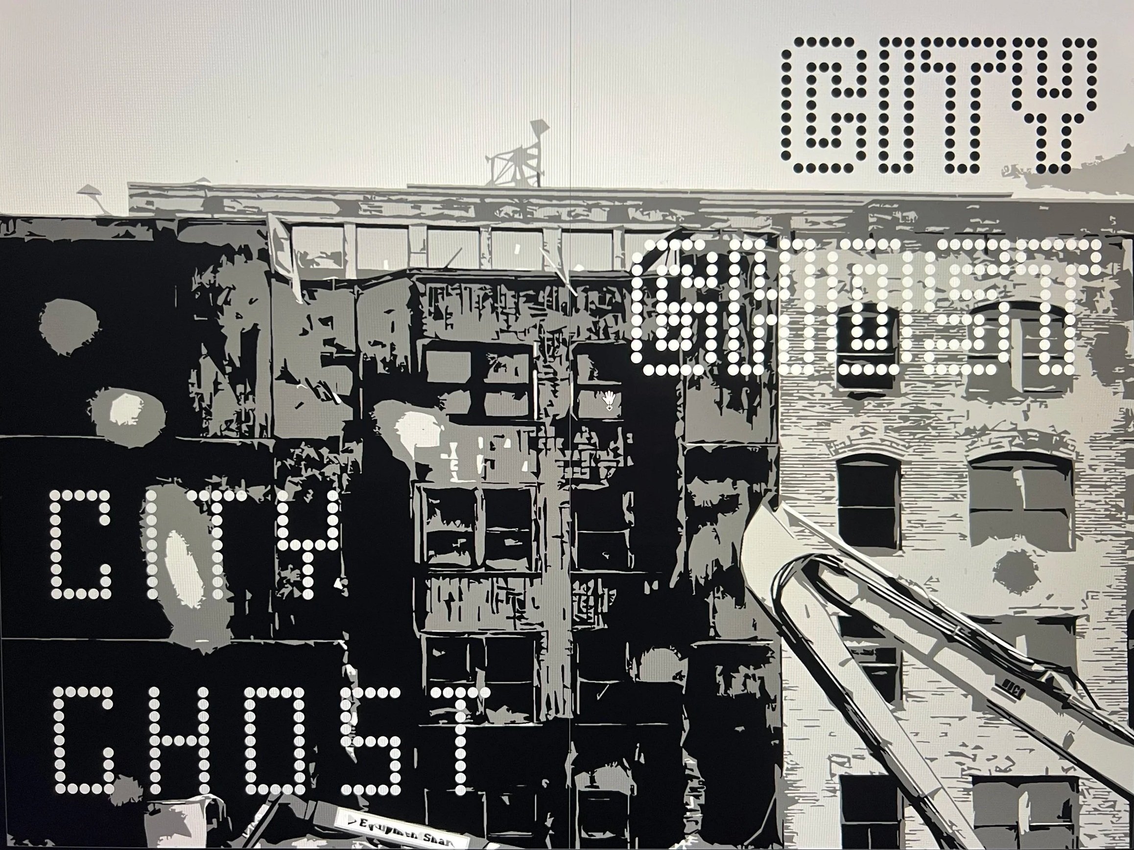 Black and white digital illustration of buildings and construction cranes