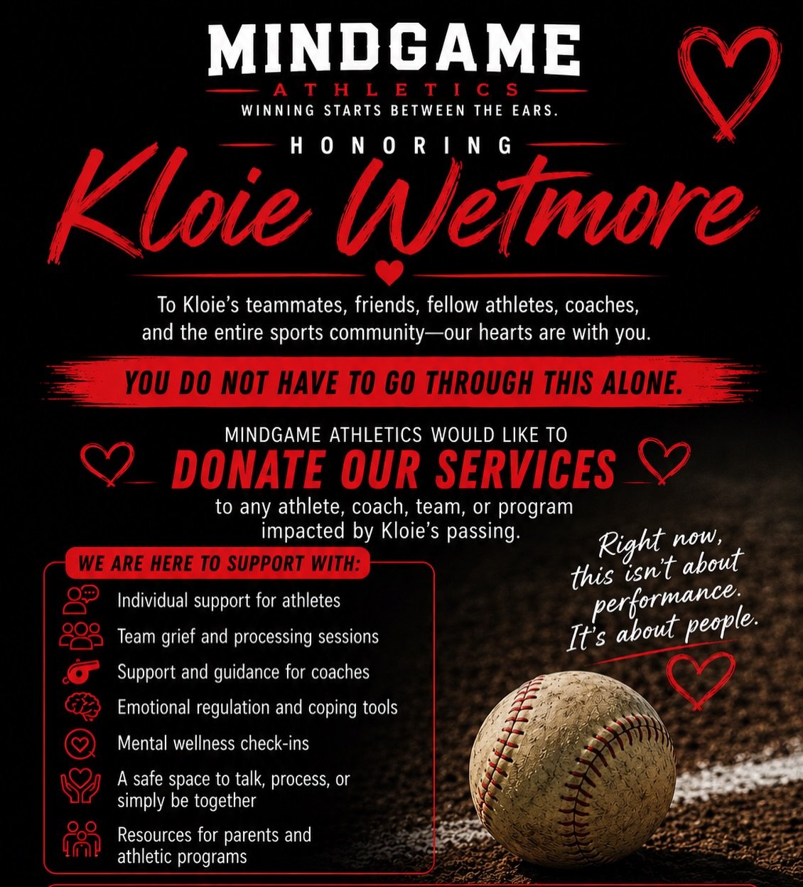 I want to donate my services 
TO KLOIE&rsquo;S ATHLETES, TEAMMATES, COACHES &amp; SPORTS COMMUNITY 

There are moments when sports become so much bigger than competition.
As our community grieves the heartbreaking loss of Kloie, I want to reach out s