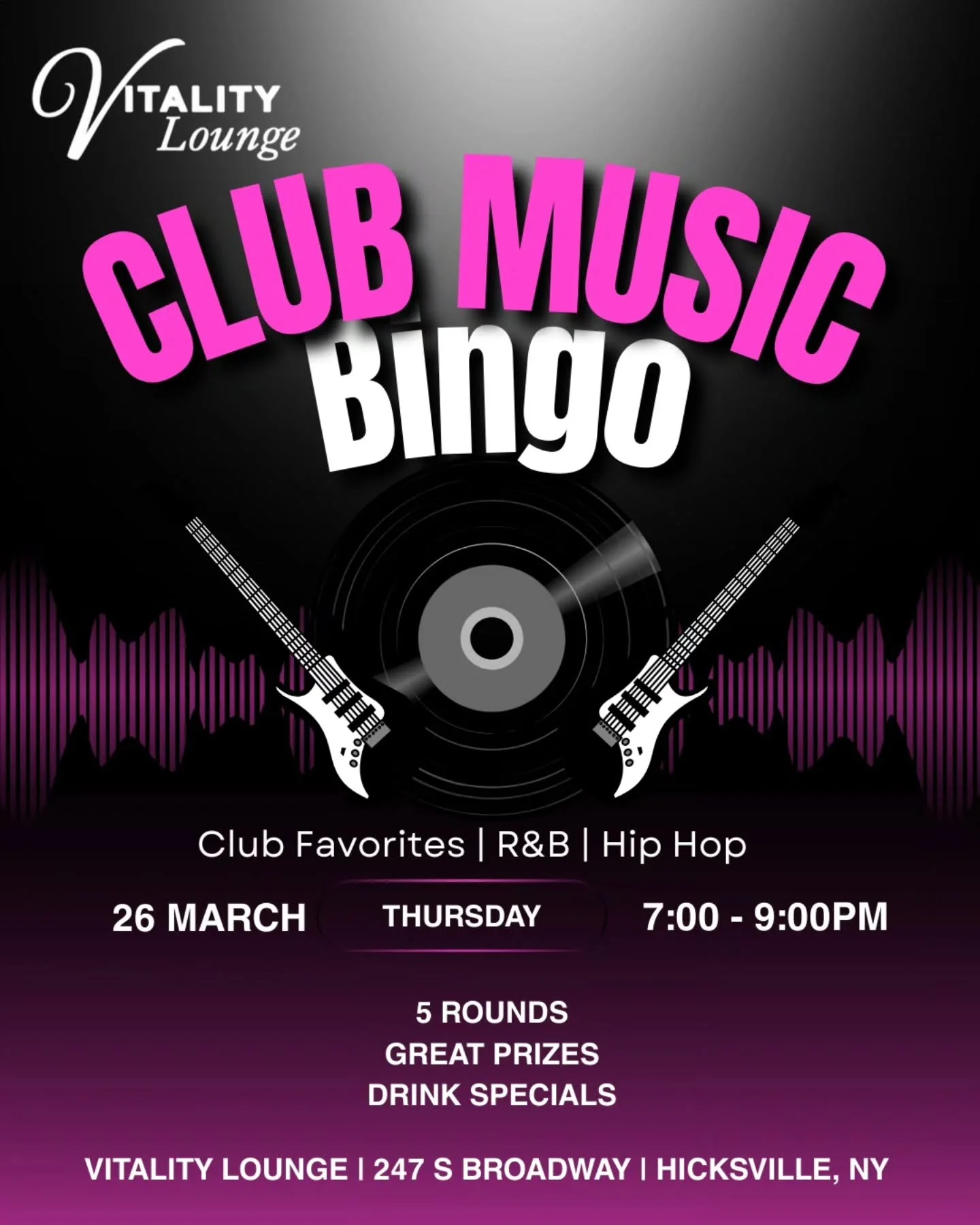 Get your tickets early for Club Music Bingo 🎶

📅 Thursday March 26th | 7PM

$10 secures your spot and is applied to your check&mdash;so it&rsquo;s basically a win before the first song even plays. Hear the hits, mark your card, and vibe out all nig