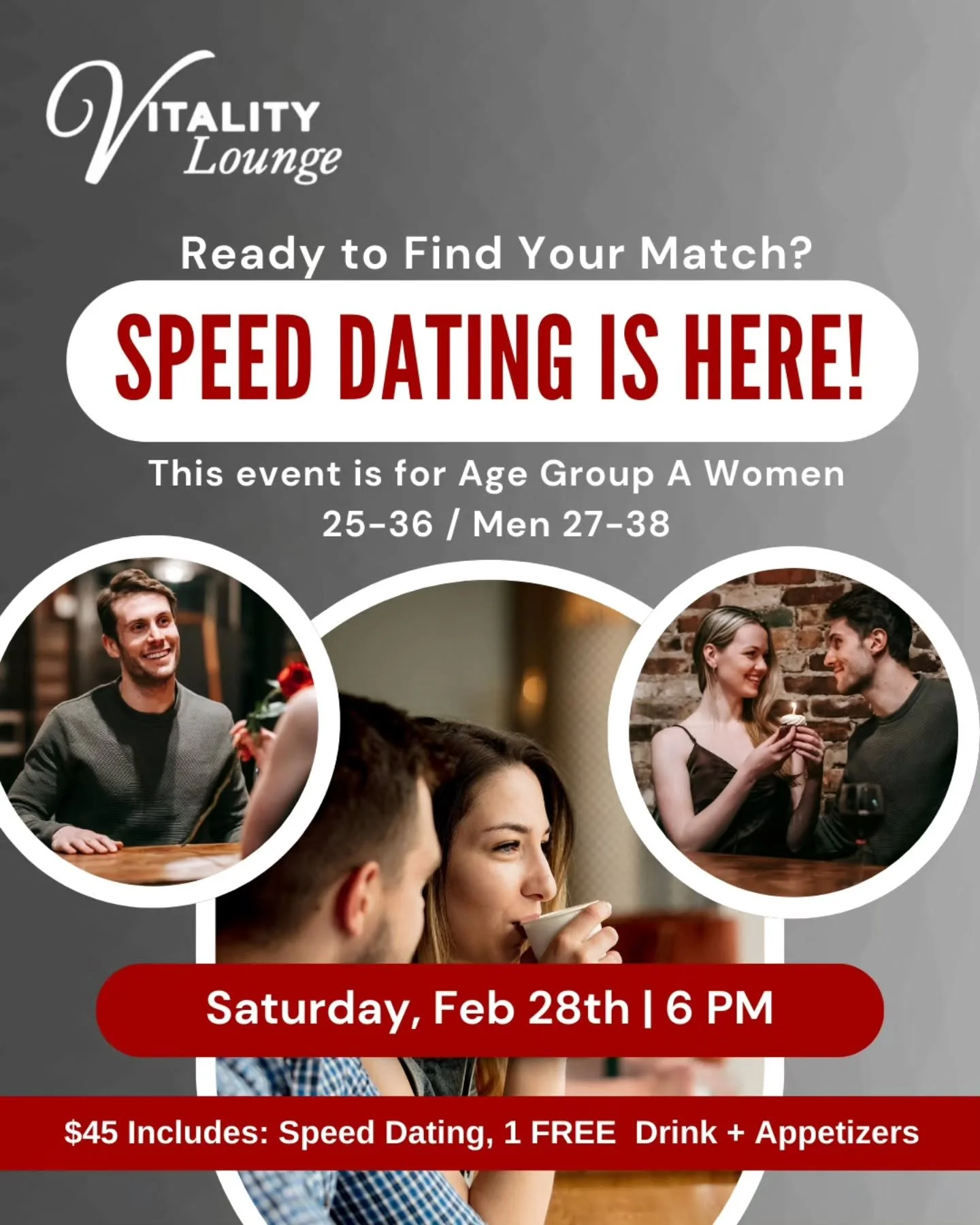 ✨ Ready to mingle?

7 in Heaven&nbsp;Singles Speed Dating&nbsp;is happening&nbsp;Saturday, Feb 28th from 6&ndash;8PM&nbsp;💘
Meet local singles ages&nbsp;25&ndash;38&nbsp;in a fun, relaxed vibe with mini dates designed to spark&nbsp;real&nbsp;connect
