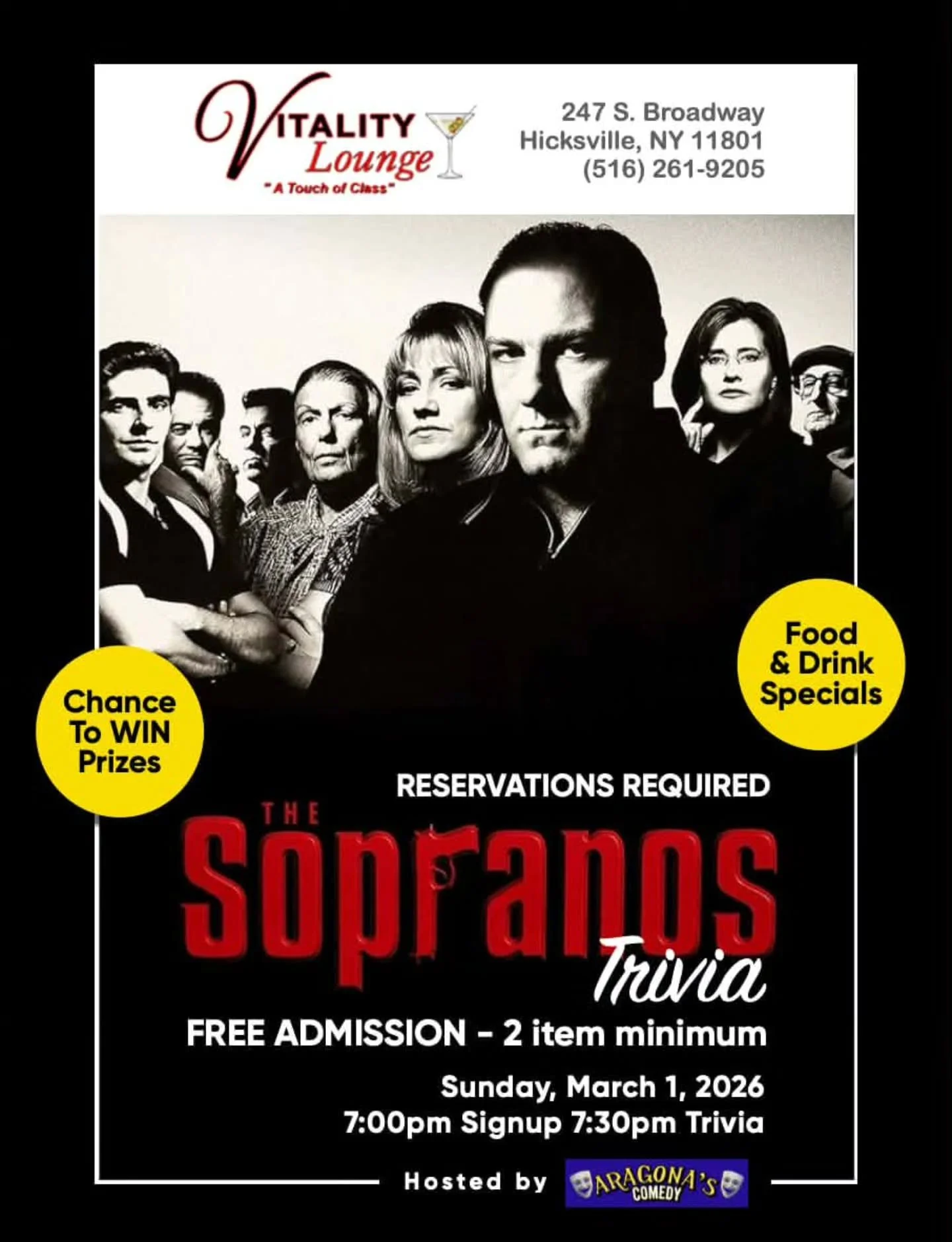 Still time to secure your spot for The Sopranos Trivia!!

Join us March 1st at 7PM and test your knowledge of your favorite mob moments, iconic quotes, and unforgettable characters.

🎟️ $10 reserves your seat and is applied to your check &mdash; so 