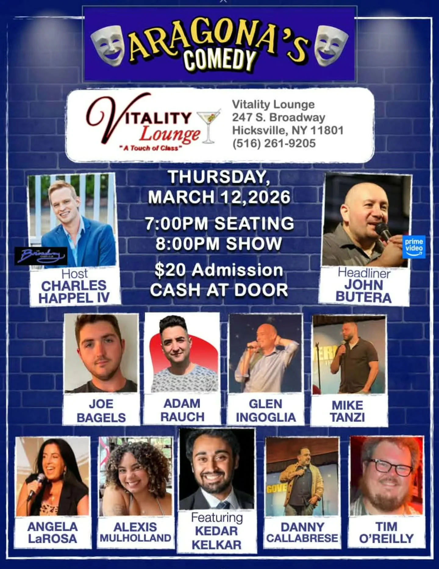 Get ready to laugh the night away at Aragona&rsquo;s Comedy Show on March 12th! 🎤😂

Seating begins at 7PM and the show kicks off at 8PM. It&rsquo;s $20 cash at the door, so grab your crew and come early &mdash; seating is first come, first serve! 
